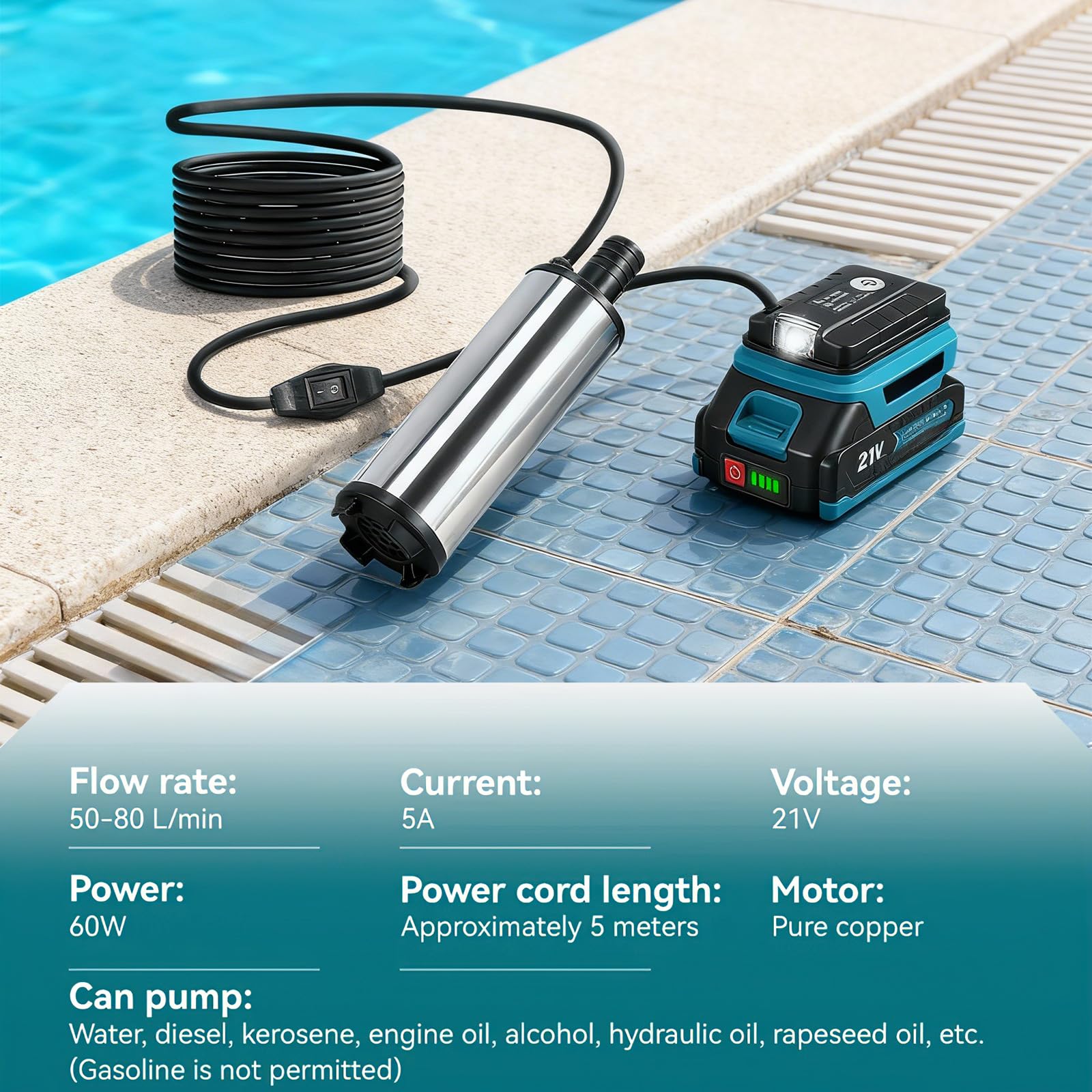 Bomba de agua con batería, batería de barril, bomba de agua con batería, bomba de batería de 18 V de agua, 80 – 150 L/min, 60 W, para bombas de limpieza, lavadoras, sistemas de riego de jardín, bombas