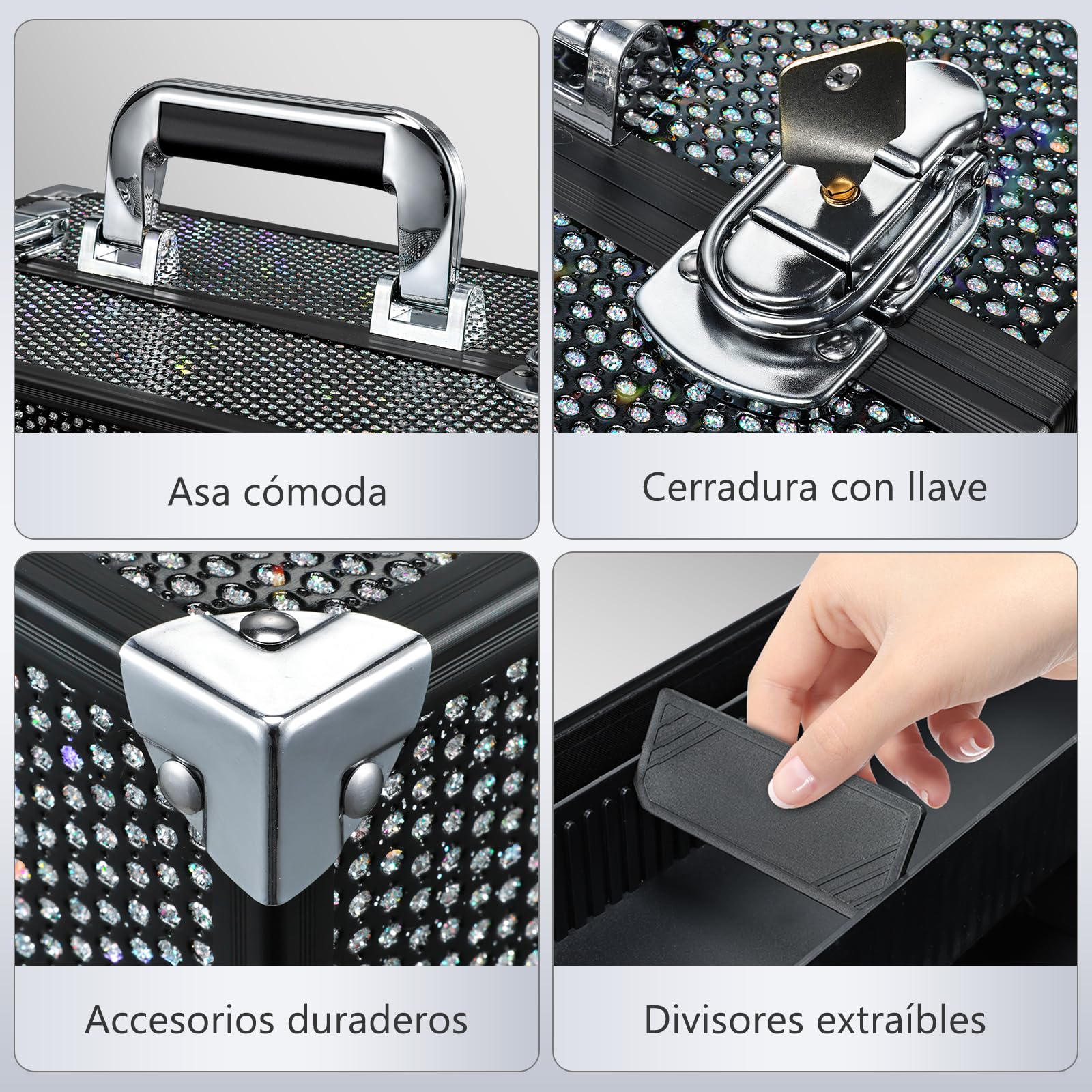 Maletín Profesional de Maquillaje, Maletín de Manicura y Peluquería,Caja de Almacenamiento, Marco de Aluminio, Cierre de Seguridad y Correa Ajustable, Negra