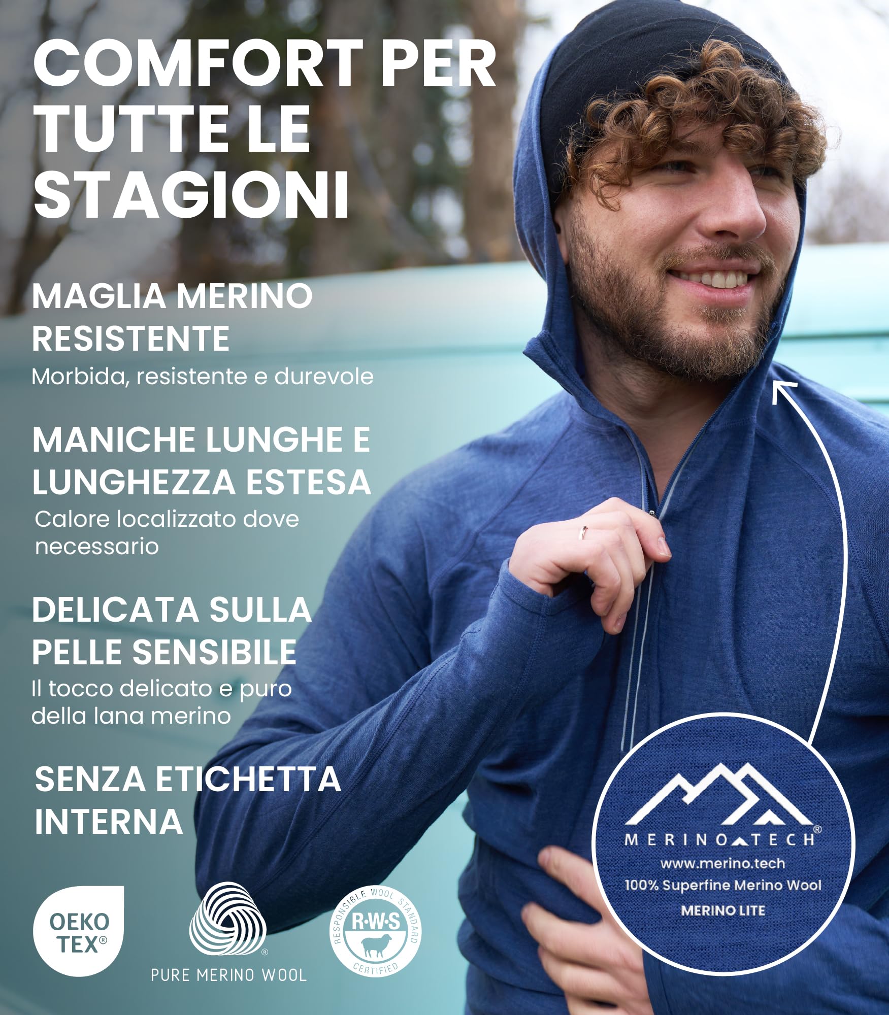 Merino.tech 100% Lana Merino Uomo Felpa con Cappuccio - Strato Base in Lana Merino Uomo Mezza Zip Termica Manica Lunga Camicia Leggera