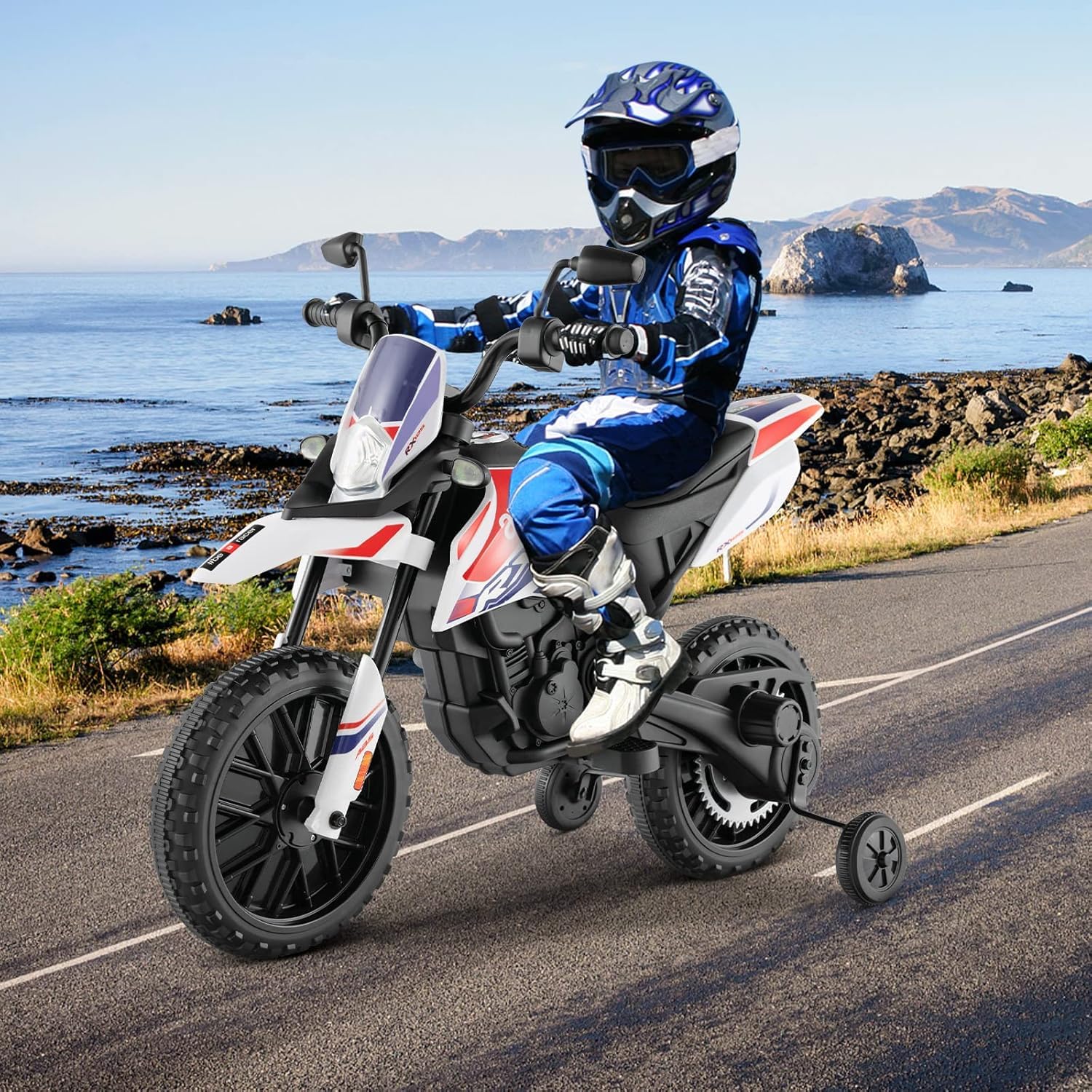 FANTASK Moto électrique pour Enfant de 3 à 8 Ans - 12 V - 5,5 à 6 km/h - avec Roues stabilisatrices, Musique et phares - Noir et Blanc