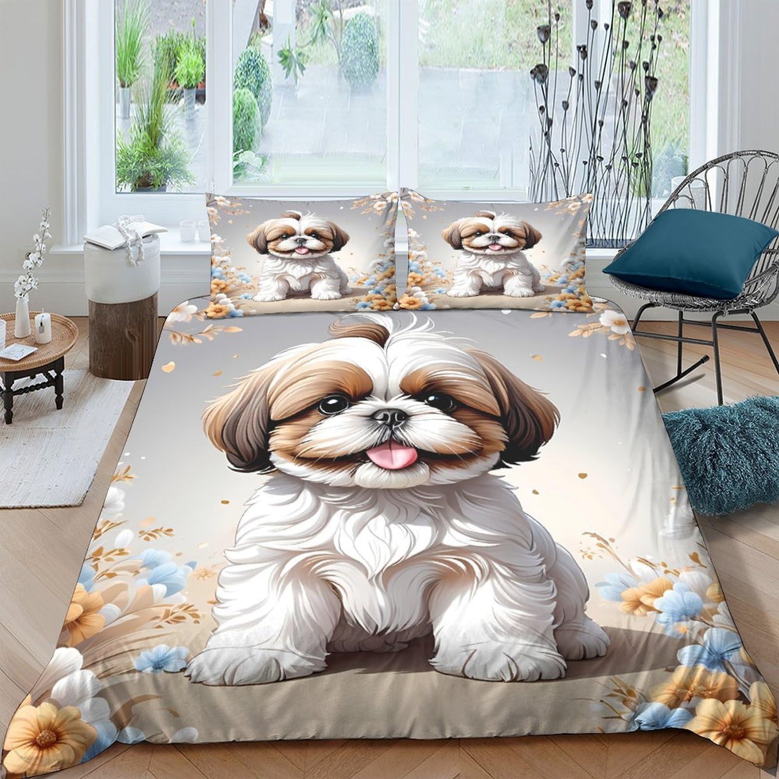 GPLZQXKJNH 3D Printed Shih Tzu Dog Duvet Cover Microfiber Soft Breathable Cartoon Puppy Bedding Set with 2 Pillowcases for Bedroom Decor Single（135x200cm）