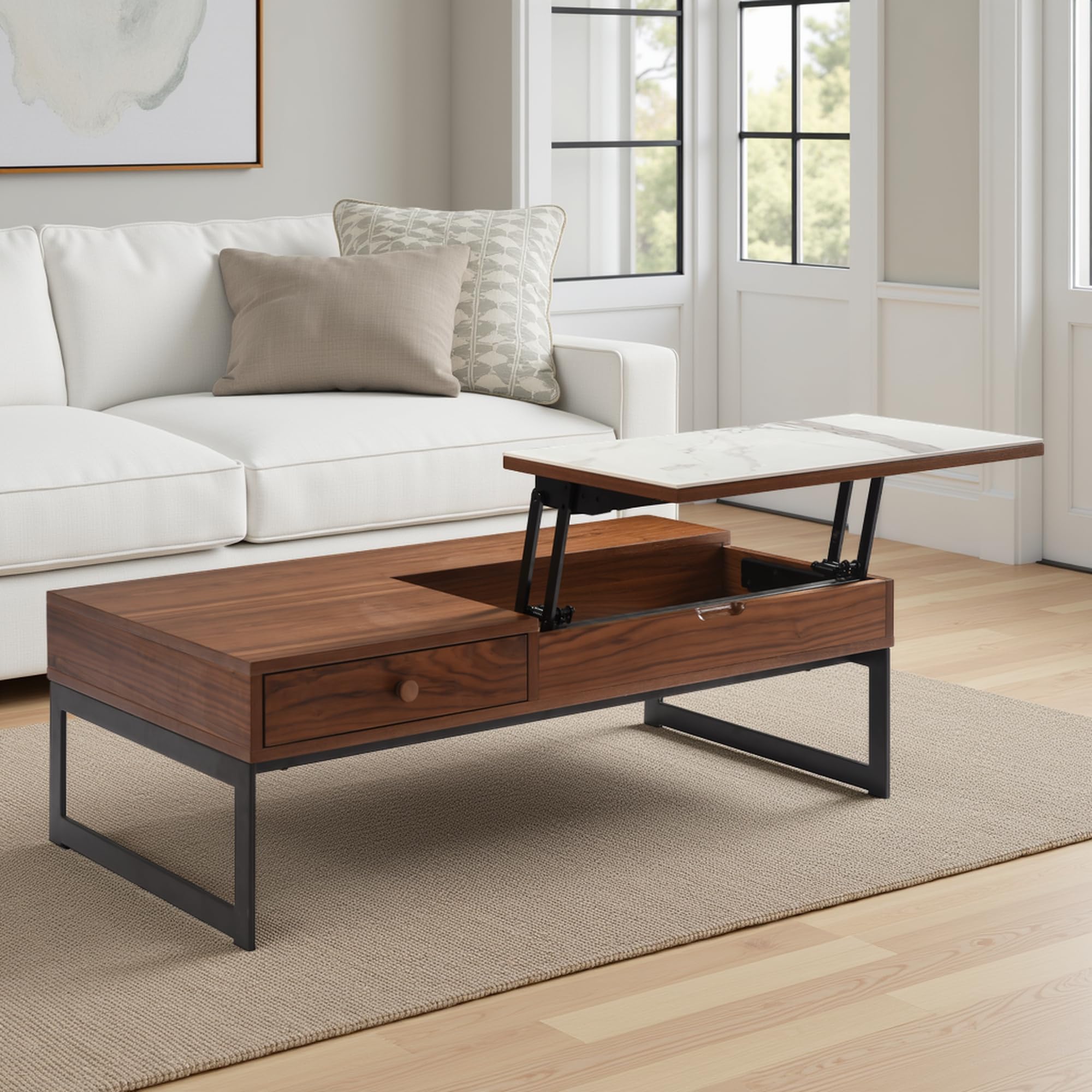 Armen living Faye Transitional Rectangular Lift-Top Coffee Table in Walnut Finish with Sintered Stone Panel and Black Metal