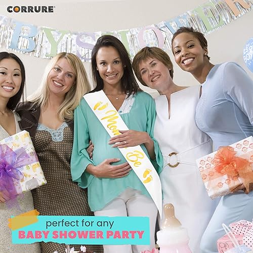 Miniatura 8 de CORRURE Faja de baby shower para niño o niña  Faja 'Mom to Be' con hermosa cinta blanca y texto de lámina dorada  Ideal revelación de género, baby