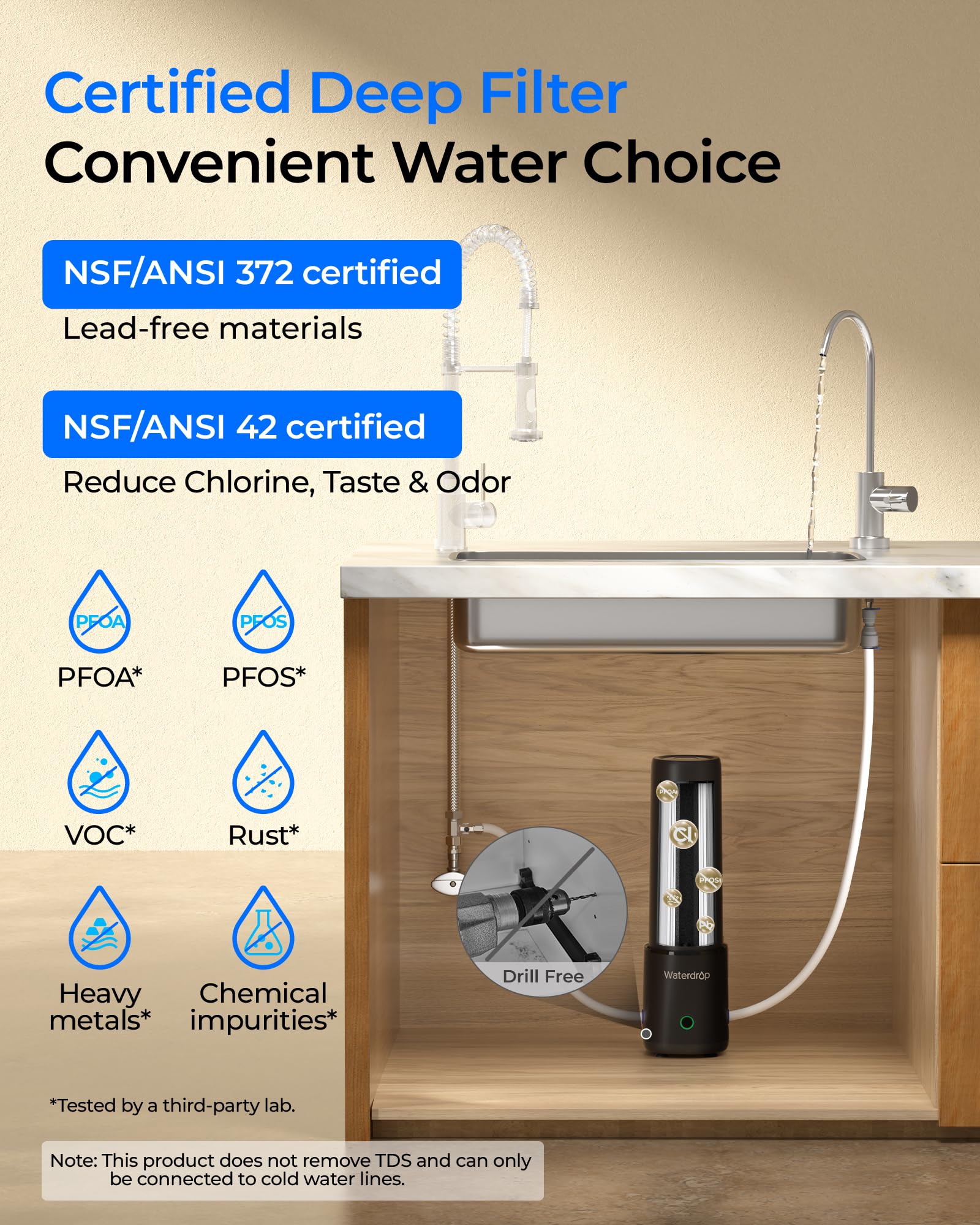 Waterdrop 10UB PRO Under Sink Water Filter, No Drilling Required, Time Reminder, with Brushed Nickel Faucet, Reduces Lead - Image 2