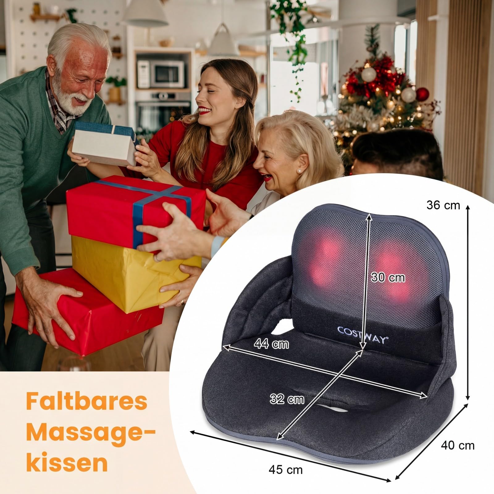 COSTWAY Massagesitzauflage mit Wärmefunktion, Vibration, Controller & Knetmassage, Faltbare Shiatsu Rückenmassagegerät für Rücken & Hüftstütze, Massagekissen Sitzkissen für Hause Büro