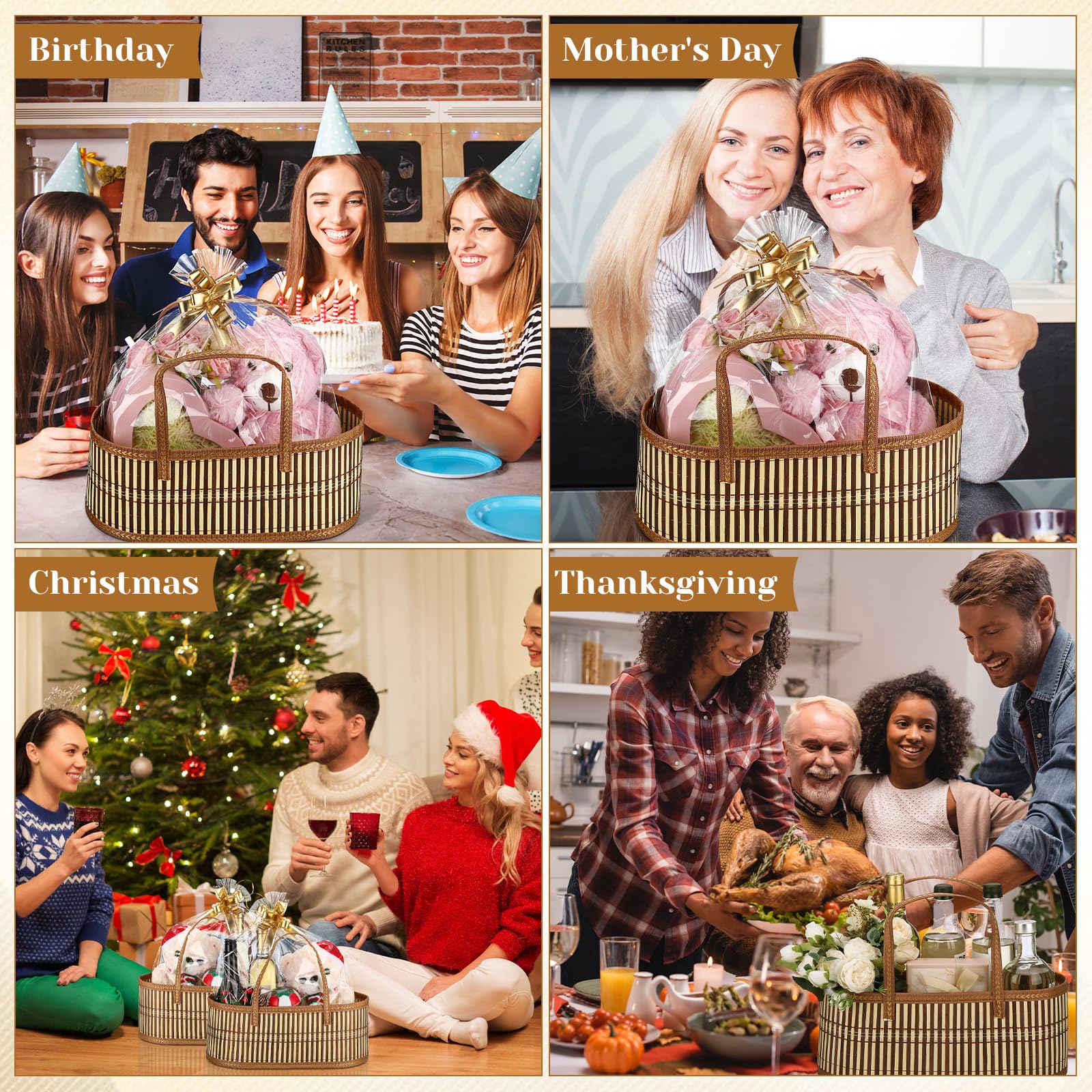 Reallnaive 6 juegos de cestas tejidas para regalos, cestas vacías grandes de bambú con asa, bolsa de celofán y cinta de flores, cestas de regalo plegables resistentes para Navidad, Acción de Gracias