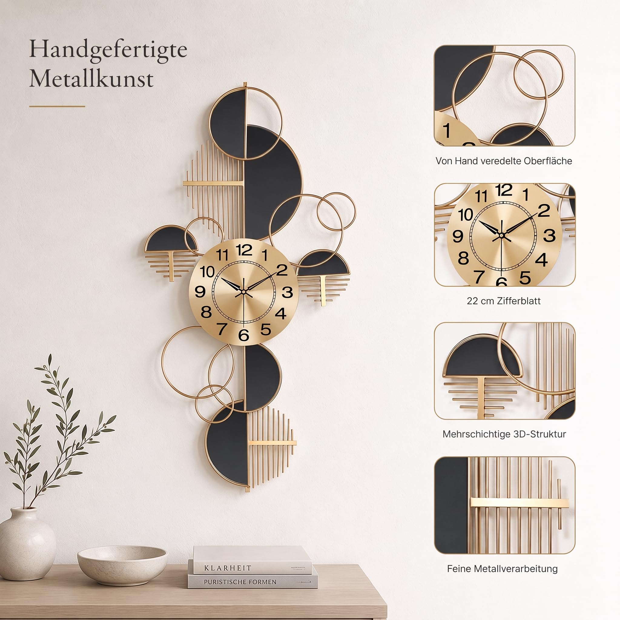 Große Wanduhr aus Metall,Schwarz,Geometrisches Design,86 x 43 cm | Drehbares Zifferblatt mit 22 cm Durchmesser,für Vertikale Oder Horizontale Wandmontage,Inklusive Montagezubehör