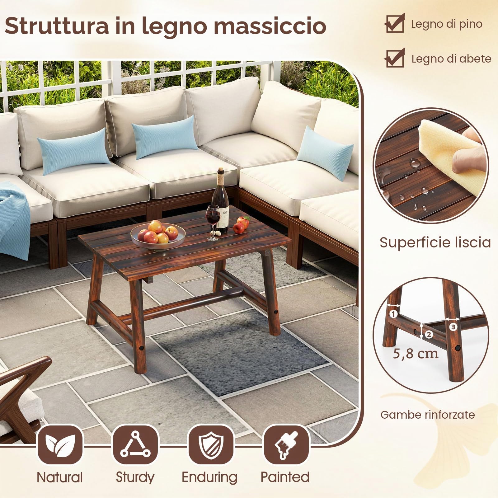 KOMFOTTEU Tavolo da giardino in legno massello, tavolino ausiliario terreza esterno con carico di 125 kg, tavolino basso rettangolare con piano a doghe per balcone, patio, 90 x 55 x 50 cm (marrone)