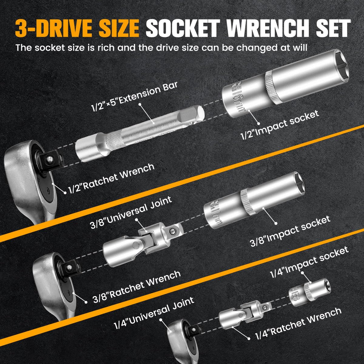 Set di chiavi a bussola da 197 pezzi, 1/4" e 3/8" e 1/2", set di chiavi a bussola metriche con cricchetto a 90 denti, riparazione auto e bici con custodia resistente