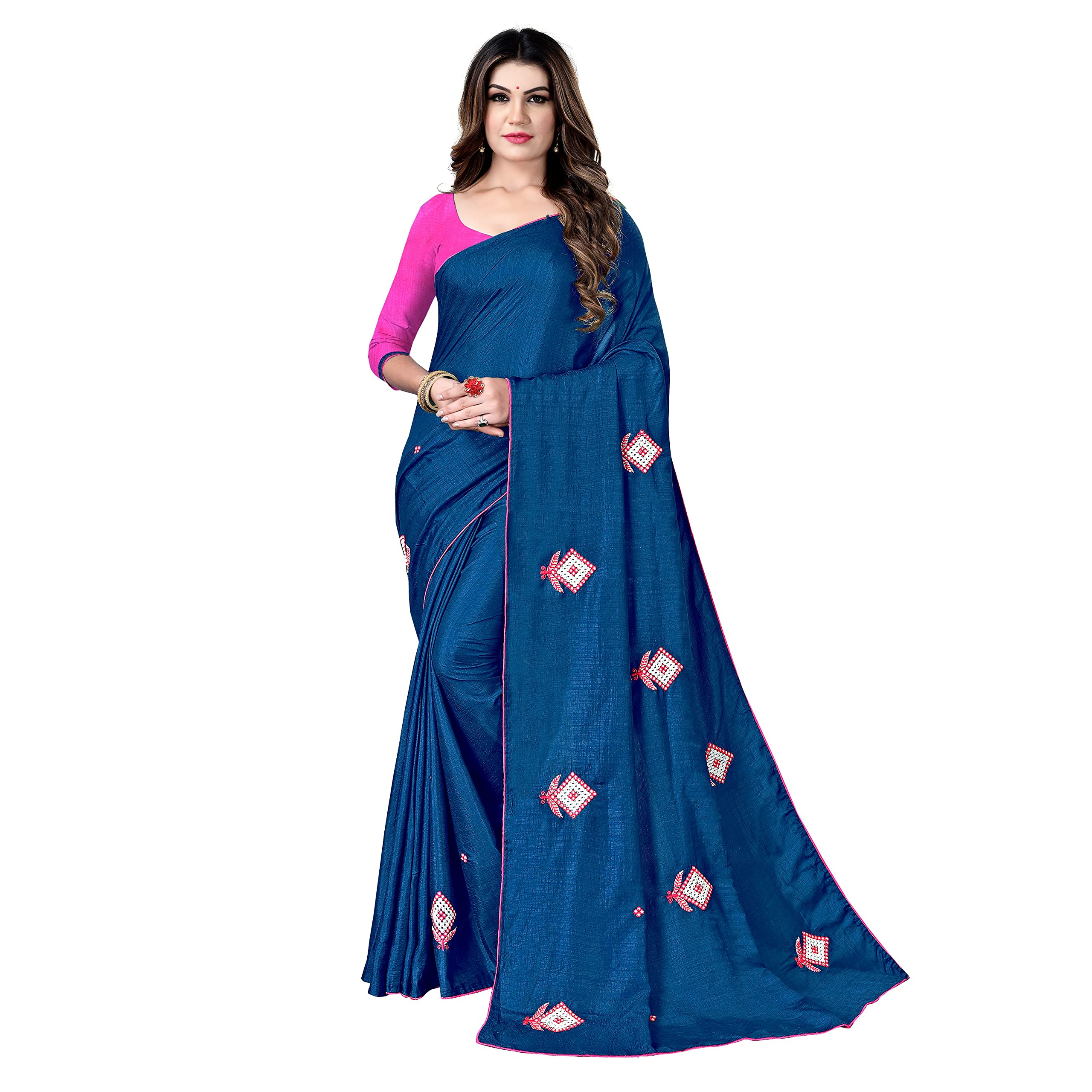 TreegoArt Fashion Women's Embroidered Dola Silk Saree With Unstitched Blouse Piece