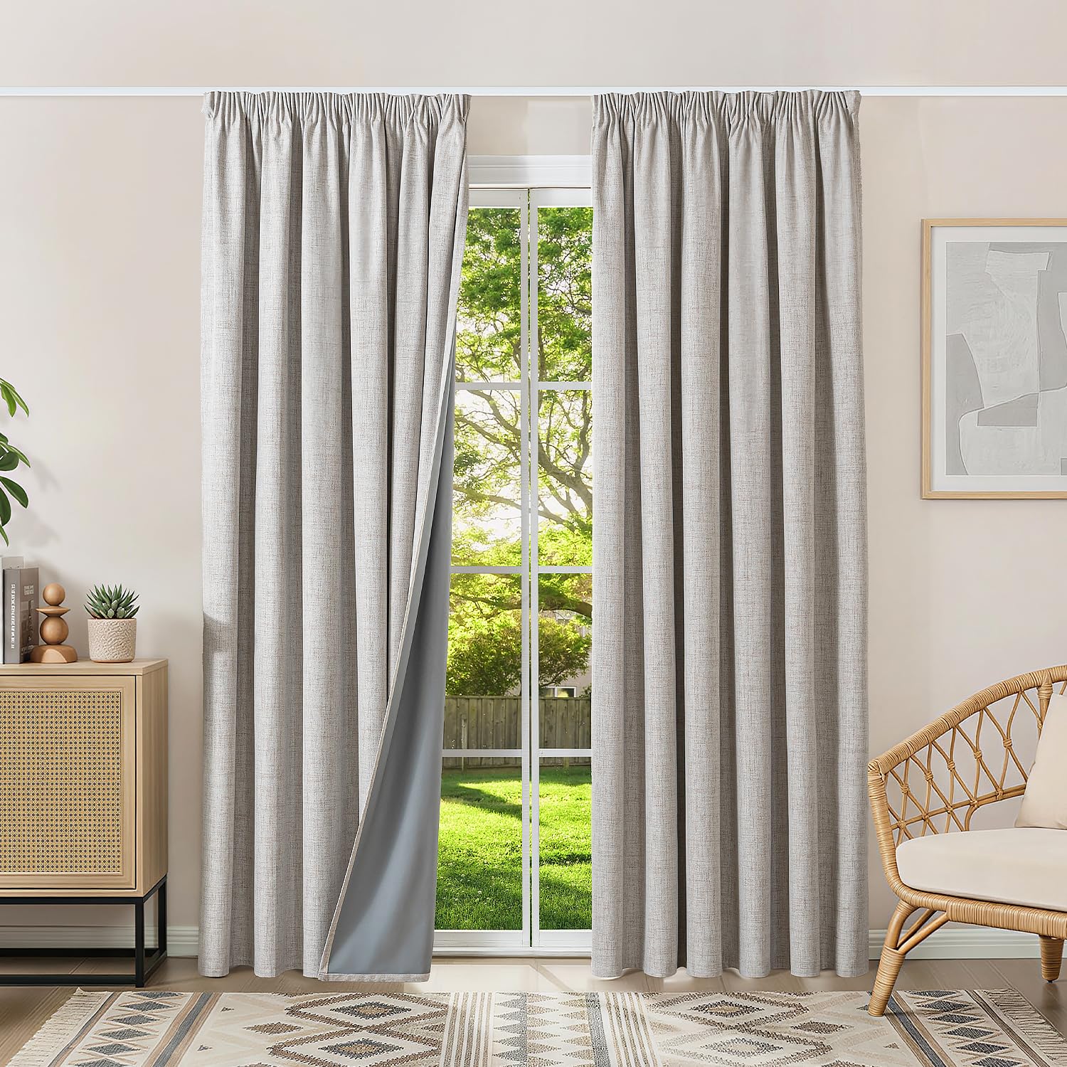 Runyéla 100% Blackout Curtains Pencil Pleat Linen Curtain for Bedroom Living Room Thermal Insulated 90 x 90 Inch Drop 2 Panels Greyish White