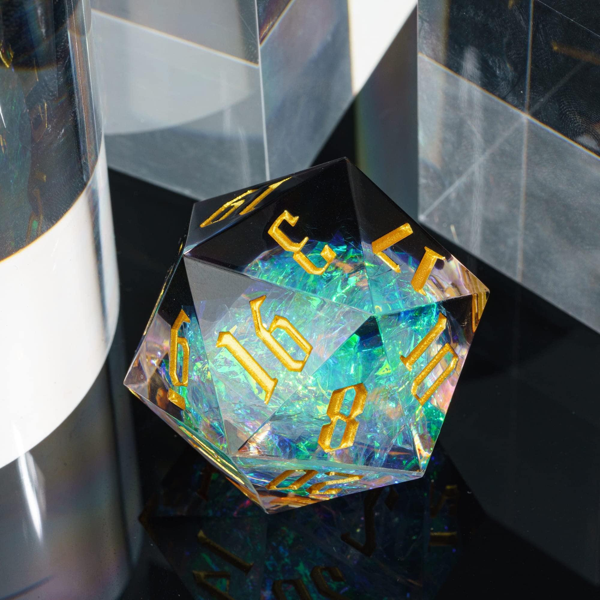 Cusdie Dadi D20 DND da 33 mm, con bordi affilati e inclusioni in lamina glitterata, dadi singoli da 20 lati, per giochi di ruolo come regalo per giochi di ruolo come dungeons e draghi (nero