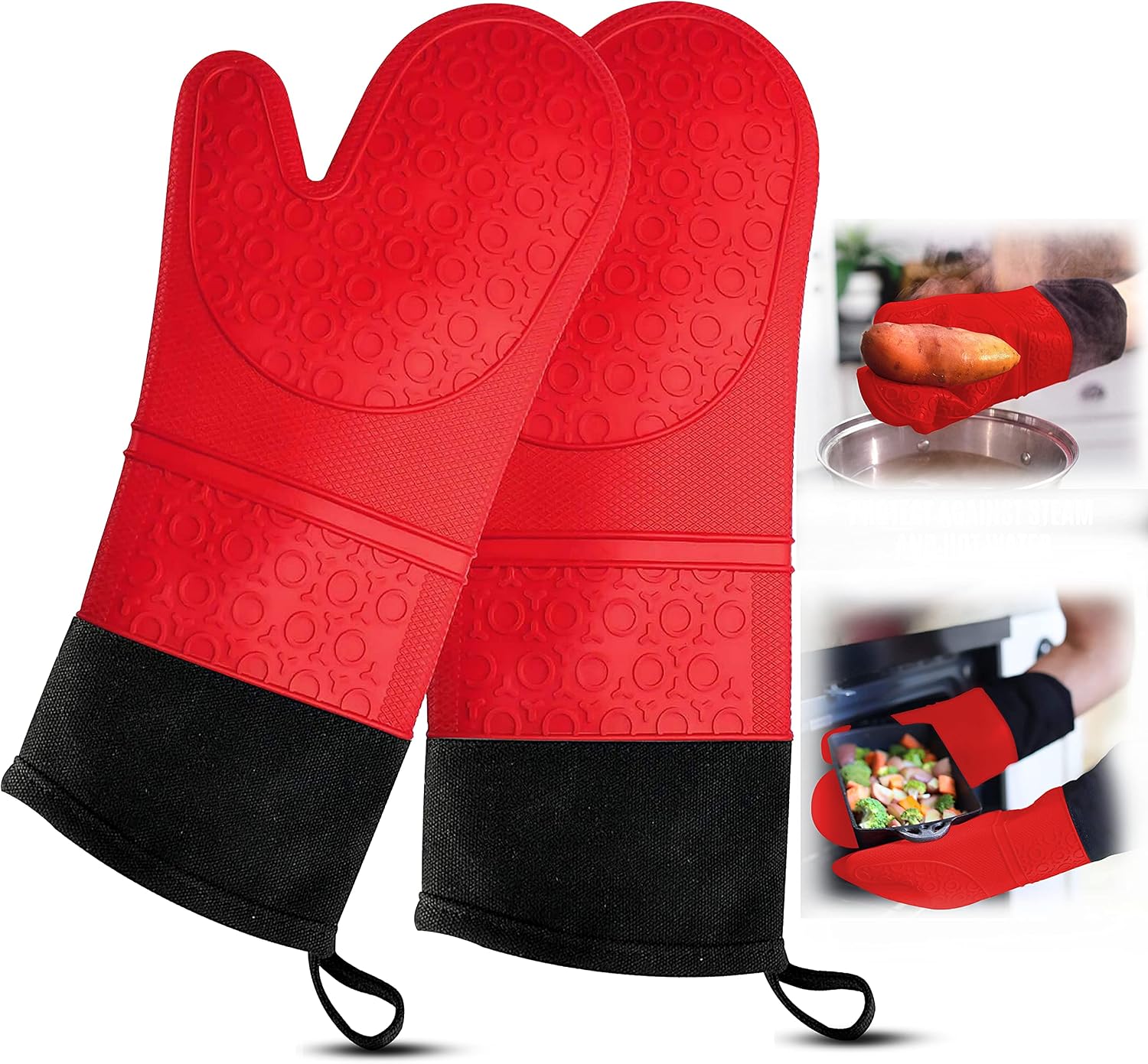 RFAQK Extra Long Silicon Oven Mitt with Heat Resistance and Quilted Liner-Food Safe Baking Gloves for Cooking in Kitchen Having Soft Inner Lining,Non Slip Flexible Kitchen Gloves