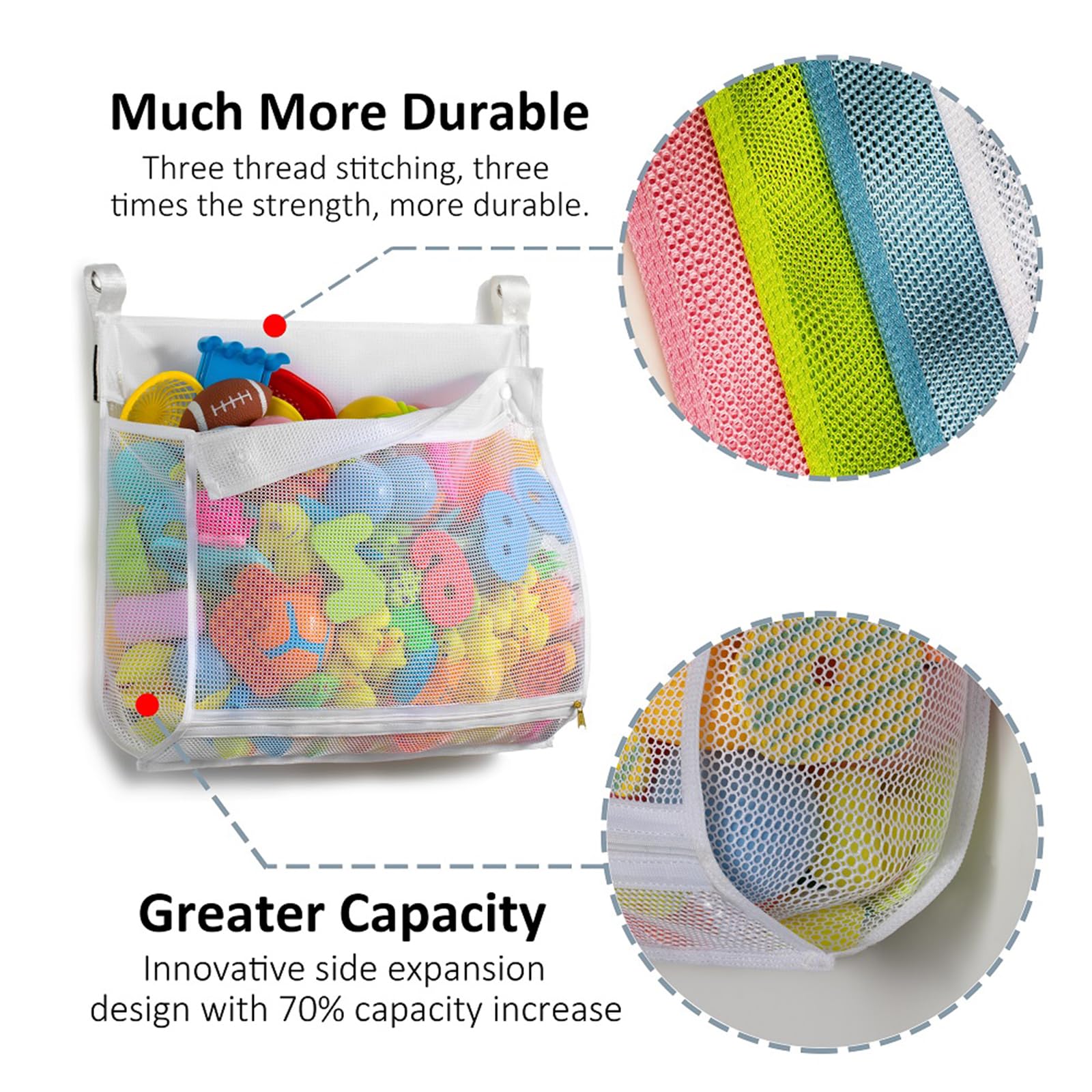 FIUIRYA Sac De Rangement Jouets De Bain En Maille – Fermeture Éclair, Séchage Rapide (Blanc) Organisateur Jouets Enfant