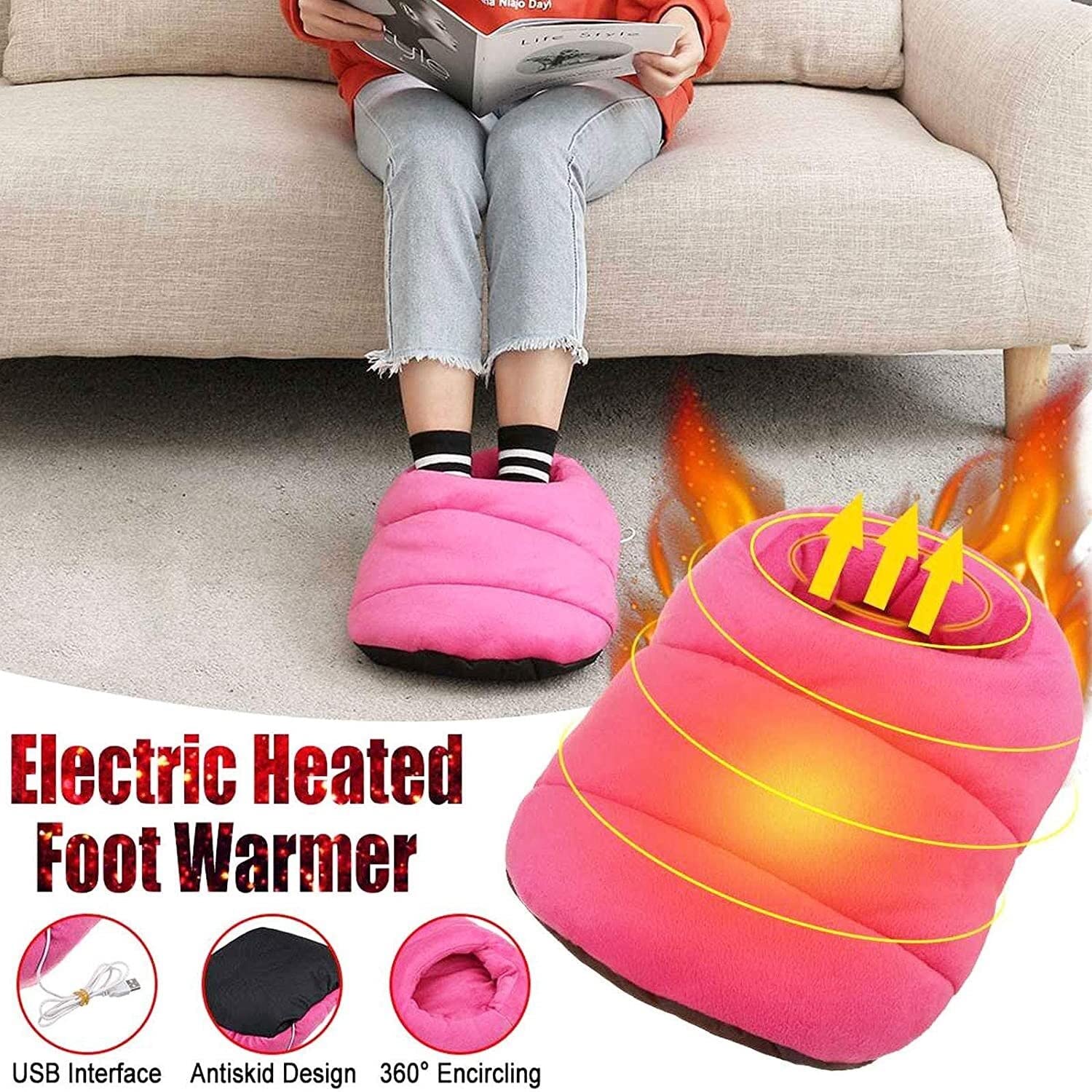 Calentador de pies eléctrico, Calentador de pies de pantufla de calefacción con alimentación USB Calentador eléctrico desmontable suave de bolsillo grande for el invierno en el hogar Oficina Zapatilla