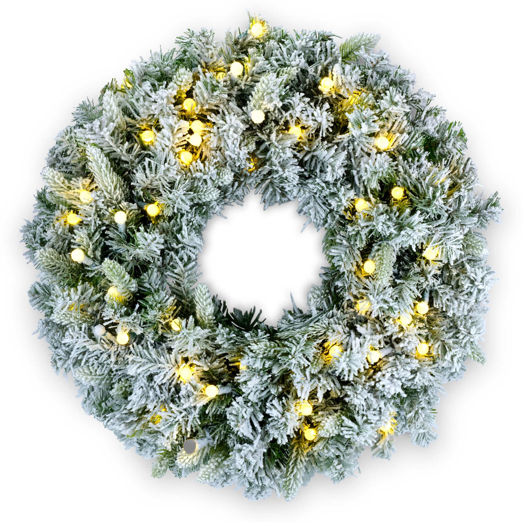 24" Snowy Flocked Christmas Wreath with 50 Count Warm White Raspberry Lights, Lighted Artificial Holiday Wreath with UL Listed Plug-in G12 LED String Lights (Warm White G12)