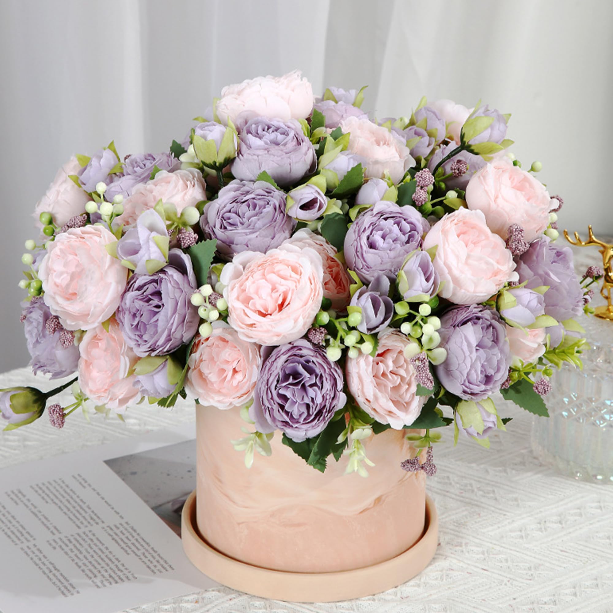 HNVNER 2 Bunches Fake Peonies Artificial Flowers, Silk Peony Bouquet for Home Wedding Party Decoration Pink-Purple - Image 2