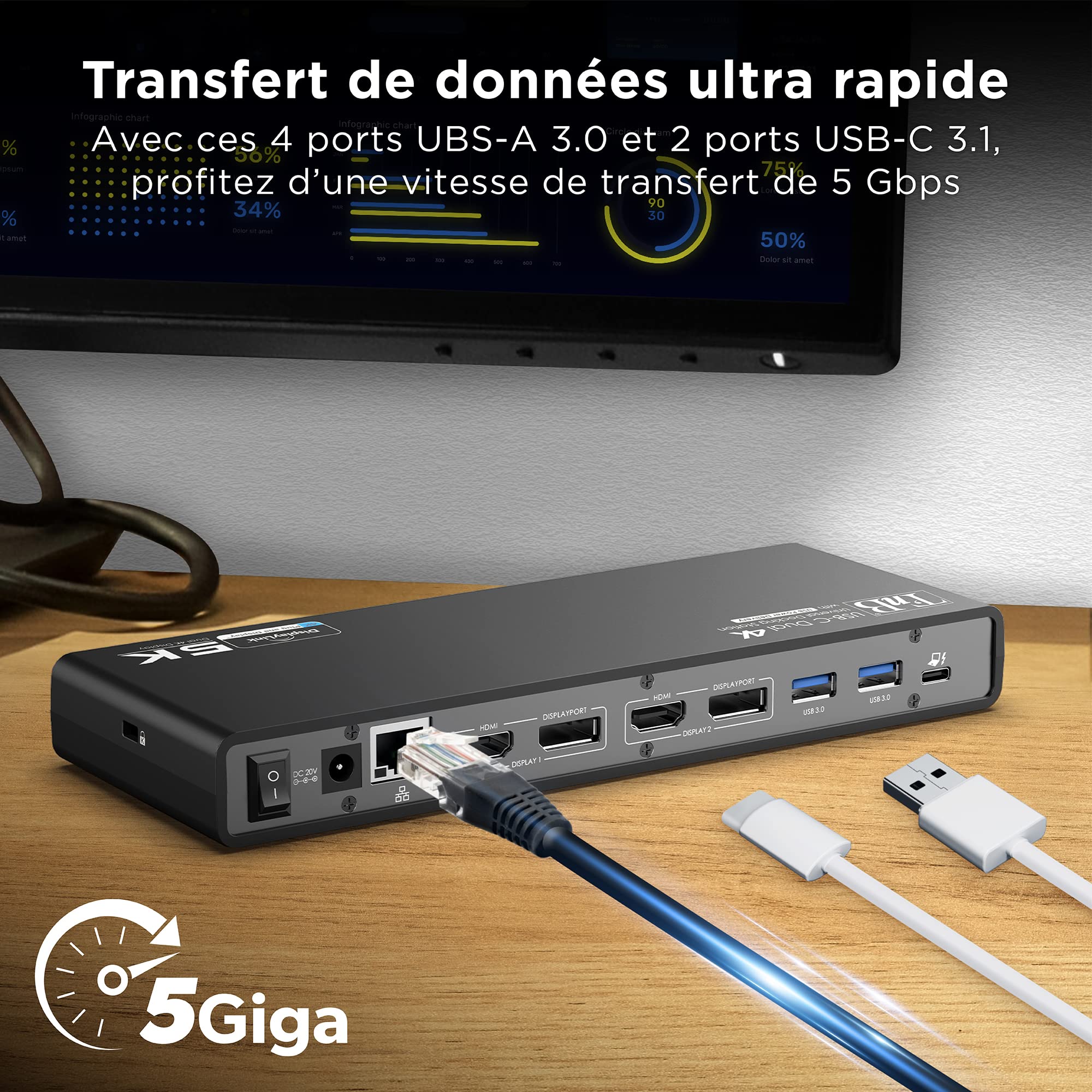 T'nB - Station d’Accueil Double Ecran 4K60Hz, 14 en 1, HDMI et DisplayPort, 4X USB-A 3.0, 2X USB-C 3.0, Compatible Windows, macOS, Linux, Android, Chrome OS