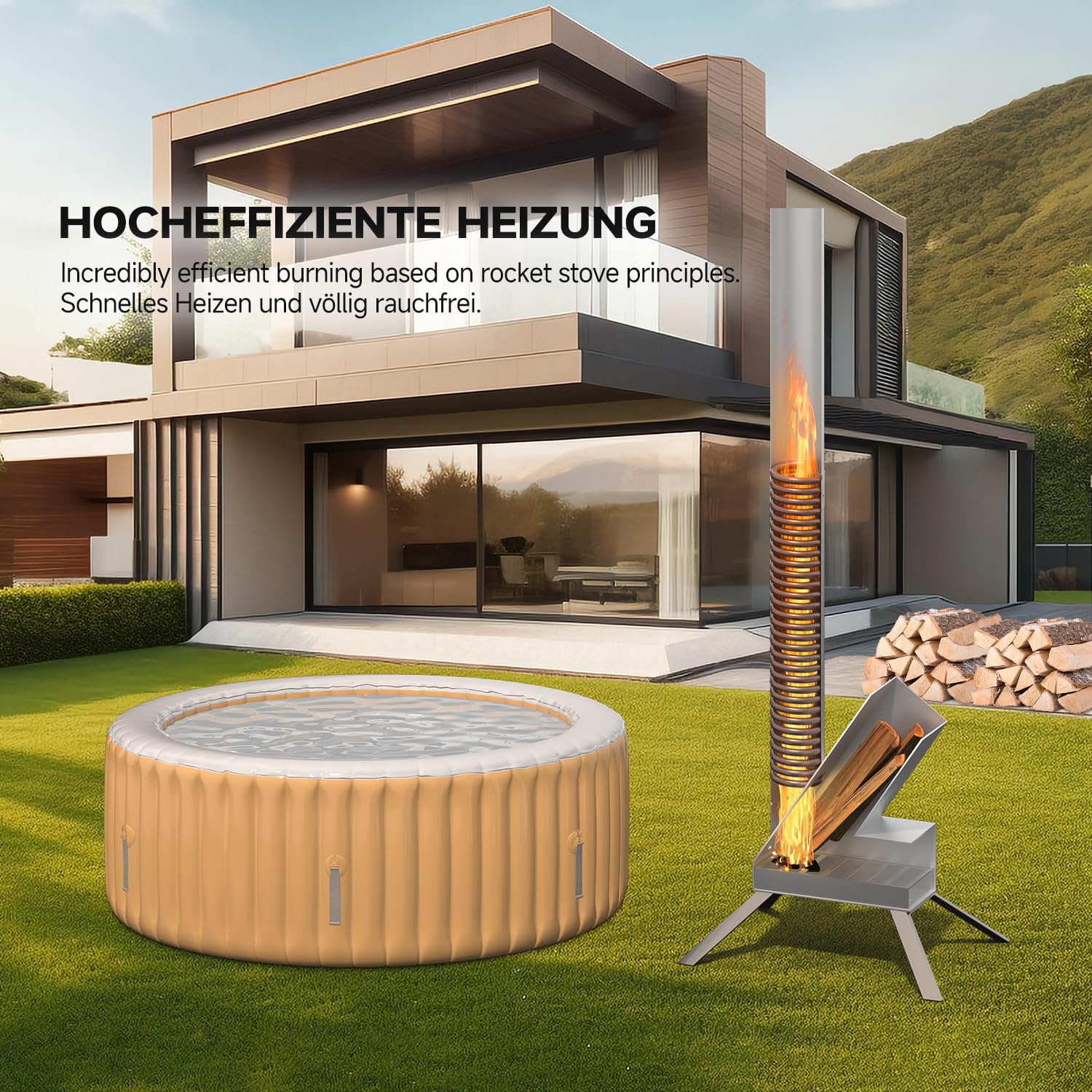 ECOPOOLTECH Poolheizung Holz, Wärmepumpe Pool mit Brennholz aus Titan Outdoor Warmwasser Wärmepumpe für Kleiner Pool, Badewanne, Whirlpool Poolheizung Holzofen