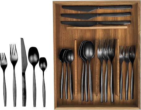 Two Time Oprahs Favorite Things Winner - 20 Piece Stone Washed Black Flatware 18/10 Stainless Steel Silverware Cutlery Utensil Set With Acacia Wood Caddy - Service for 4