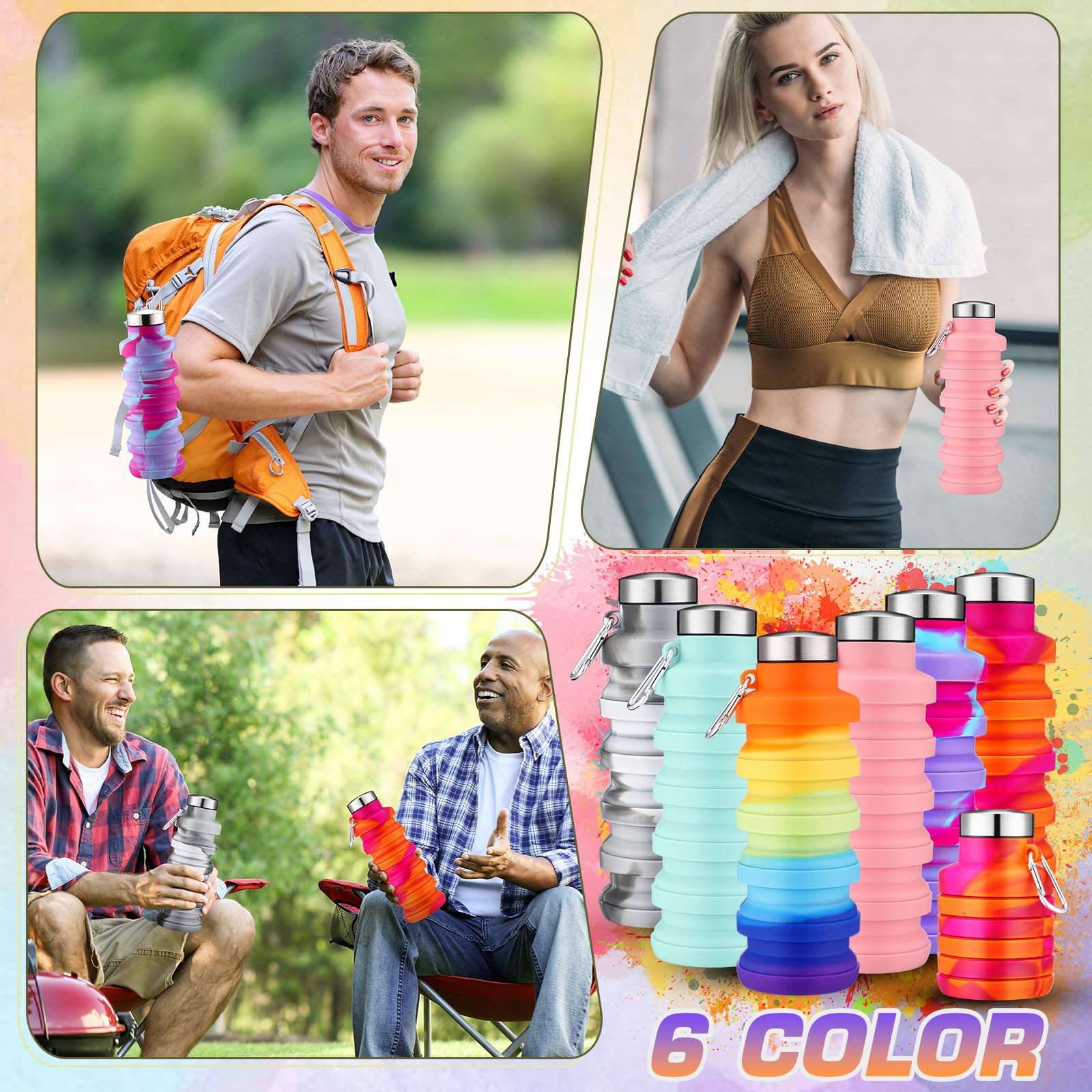 Sunnyray Faltbare Wasserflaschen, Silikon, tragbar, auslaufsicher, wiederverwendbar, Sportflaschen mit Clip, für Reisen, Wandern, Camping, Outdoor, Batikfärbung, 20 Stück