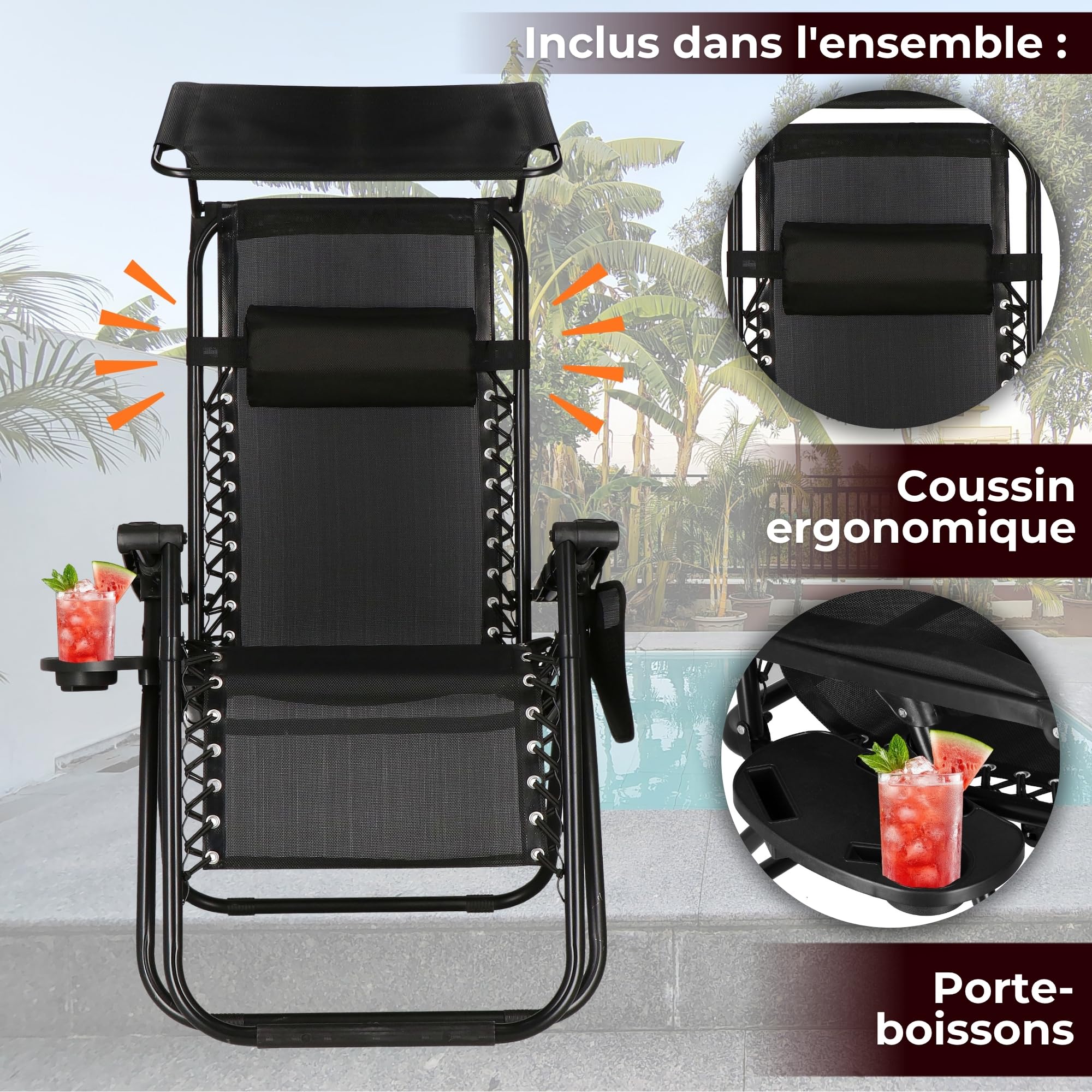 SPRINGOS Chaise Longue avec Pare- Soleil Chaise de Plage avec accoudoirs 62 x 110 cm