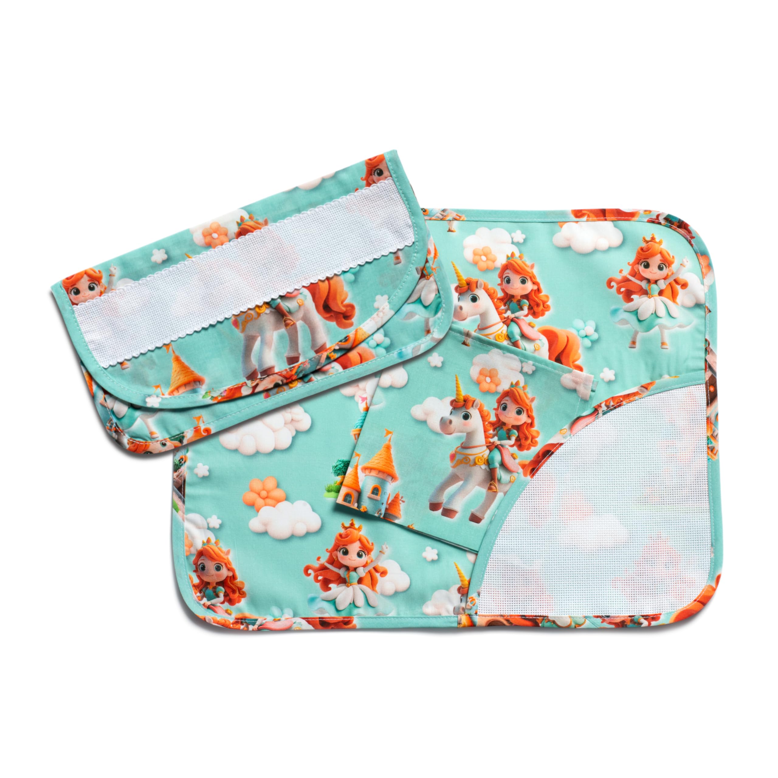 FILET - Breakfast Set for Kindergarten 3 Pieces in Cotton to Embroider: American Placemat, Napkin and Napkin Bag, Made in Italy, Princess Pattern Tiffany Background