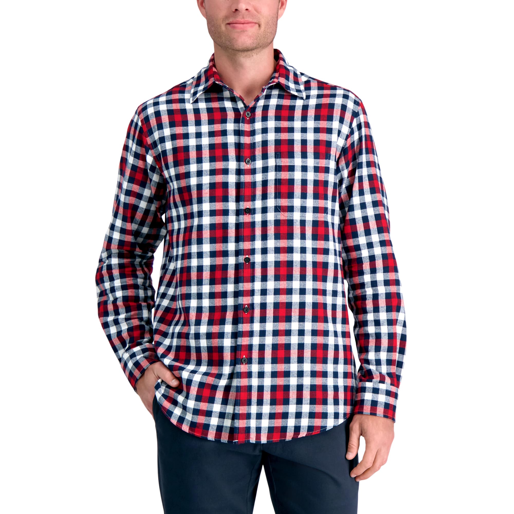 Haggar Men's Long Sleeve Brushed Cotton Plaid Flannel Button Down Shirt