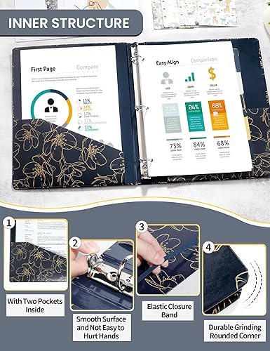 Miniatura 5 de SUNEE - Carpeta de 3 anillos de 1 pulgada bonita carpeta con 2 bolsillos carpeta decorativa de tres anillos rosa dorada sobre diseño azul resistente