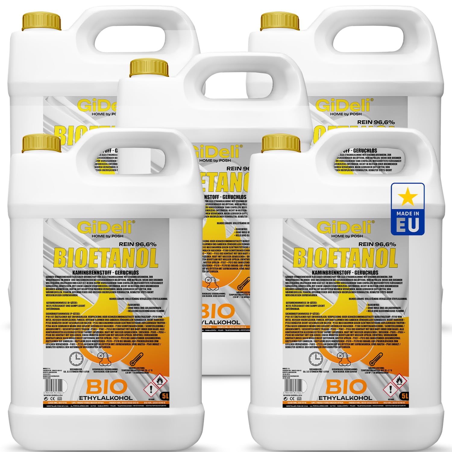 GiDeli Bioetanol 25L etanol 96,6% alcohol orgánico inodoro combustión limpia para chimenea interior y exterior