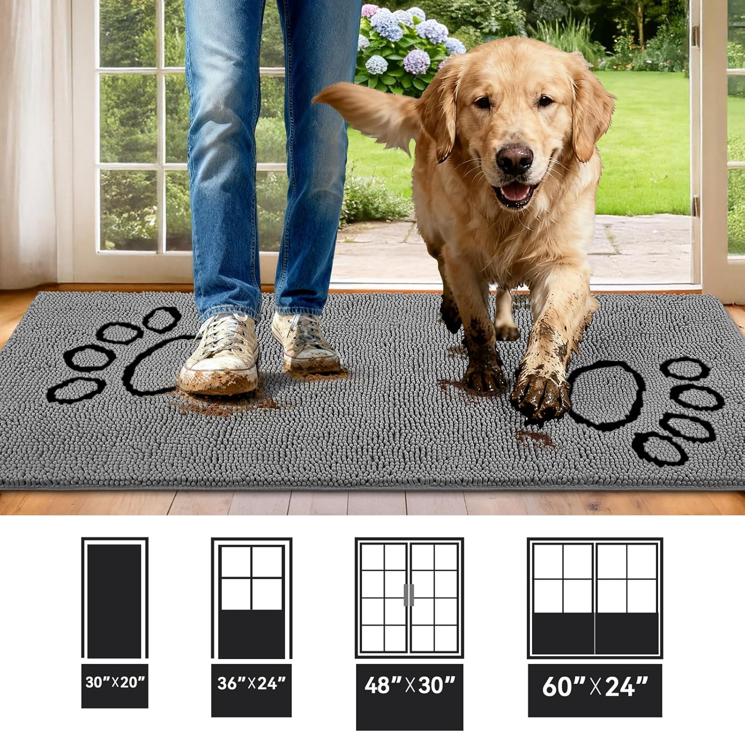 bcoimo super absorbent dog door mat, 60"*24" anti slip mat for muddy paws, pet rugs for dirty paws washable that absorbs moisture and dirt, for dog cage and pet resting carpet 60*24 a-gray+paw