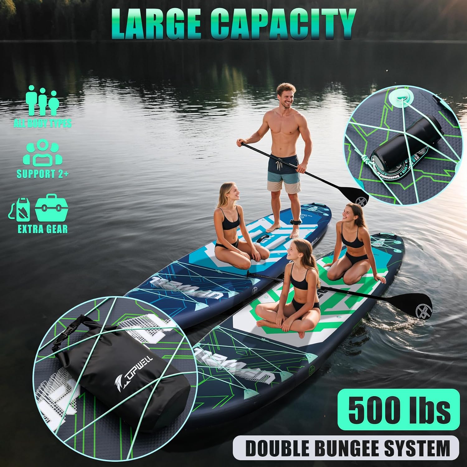 UPWELL 11'6"×35" Extra Wide Inflatable Paddle Board, Stand Up Paddle Board for Youth & Adults, Stable Design, Premium SUP Accessories, 120L Backpack, 10L Dry Bag, Paddle, Leash, Hand Pump, US Fins - Image 4