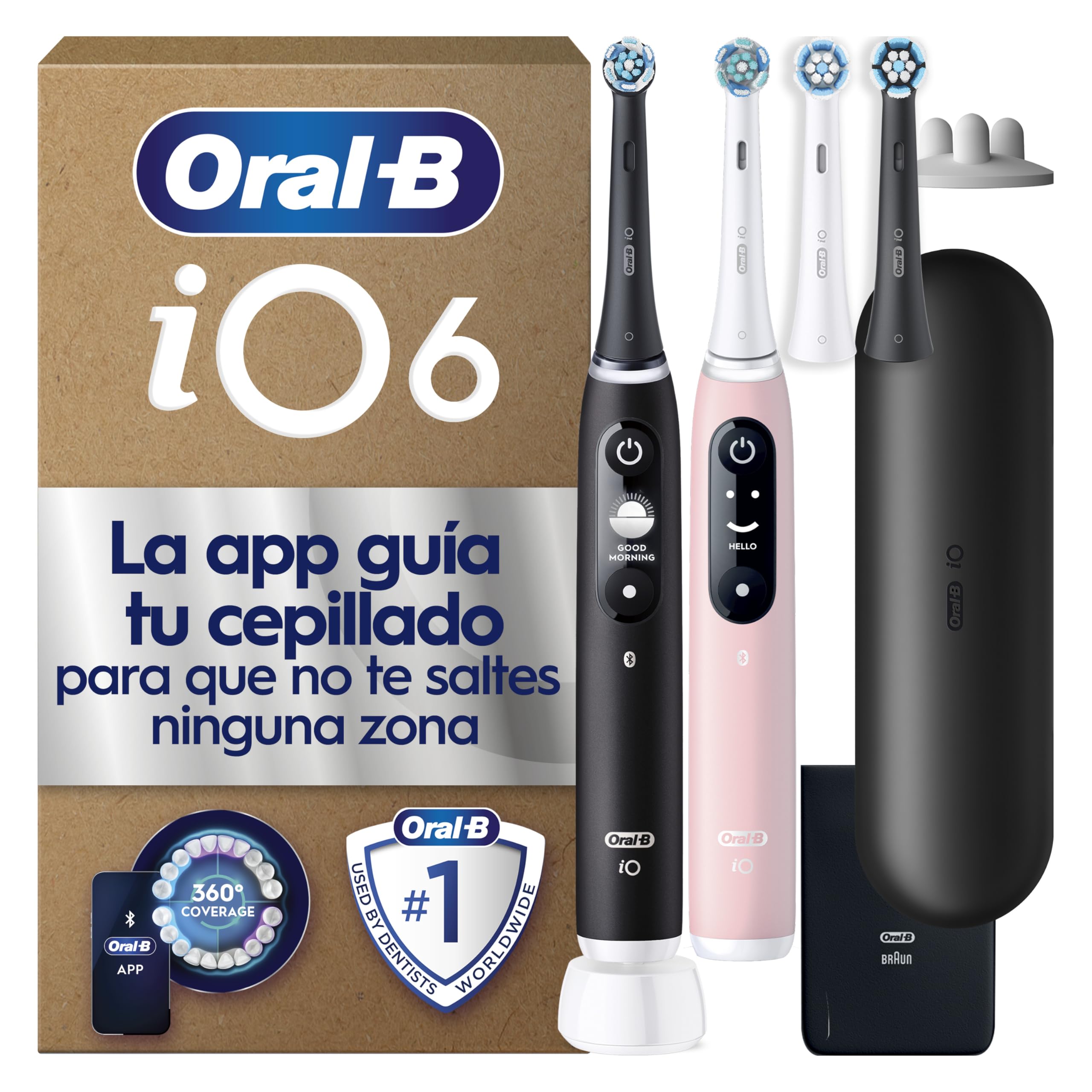 Oral-B iO 6 Pack De 2 Cepillos De Dientes Eléctricos Negro y Rosa, 4 Cabezales De Recambio y Estuche De Viaje, 5 Modos De Cepillado Con Blanqueamiento Dental, Sensor De Presión, Diseñado por Braun