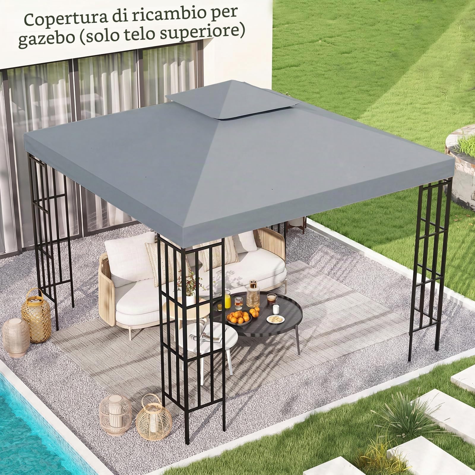 Telo di ricambio per gazebo 3x3, telo impermeabile, poliestere 300D | Telo di ricambio resistente per gazebo da giardino 3x3 m, poliestere 300D, resistente ai raggi UV, impermeabile
