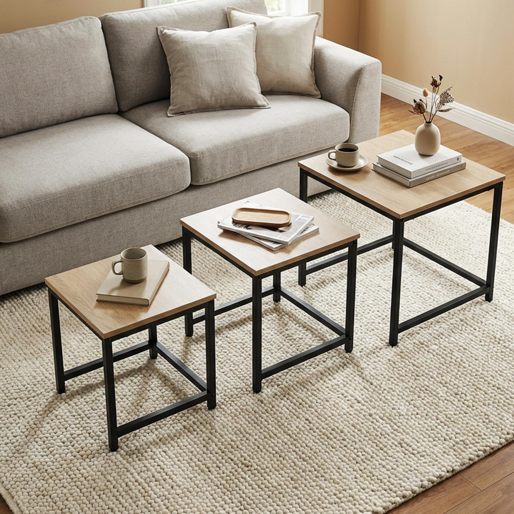 HOMCOM 3er-Set Couchtisch Quadratischer Beistelltisch Stahlrahmen Natur | Sofatisch, Kaffeetisch, Satztisch mit Holzoptik, Wohnzimmertisch im Industriedesign
