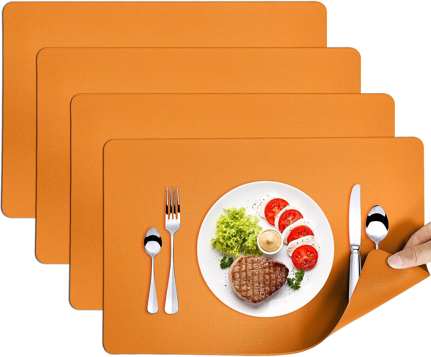 Herda Orange Faux Leather Fall Placemats,4 Set PU Leather