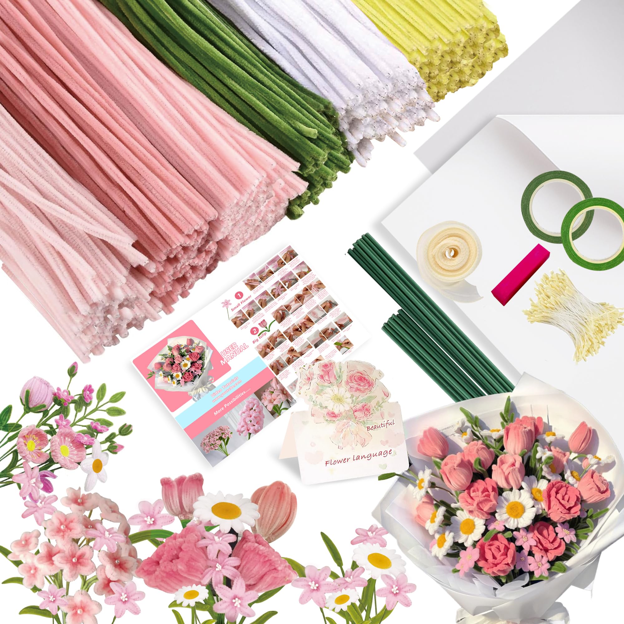 Kit Bouquet En Fils Chenille - 600 Pièces Multicolores + Tiges Florales + Floratape - Pour Créations DIY, Fleurs Artificielles, Cadeaux