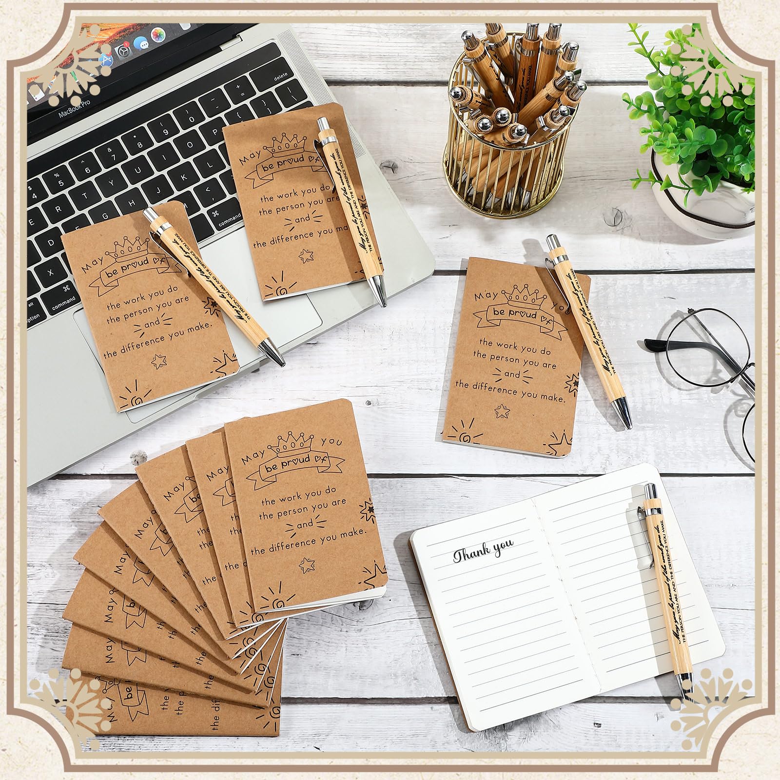Tenare 32 Pcs Employee Appreciation Gifts Bulk Include 16 Kraft Inspirational Notebooks Small Pocket Journal Notepads and 16 Motivational Pens Bamboo Ballpoint Pens for Women Teacher Coworker - Image 2