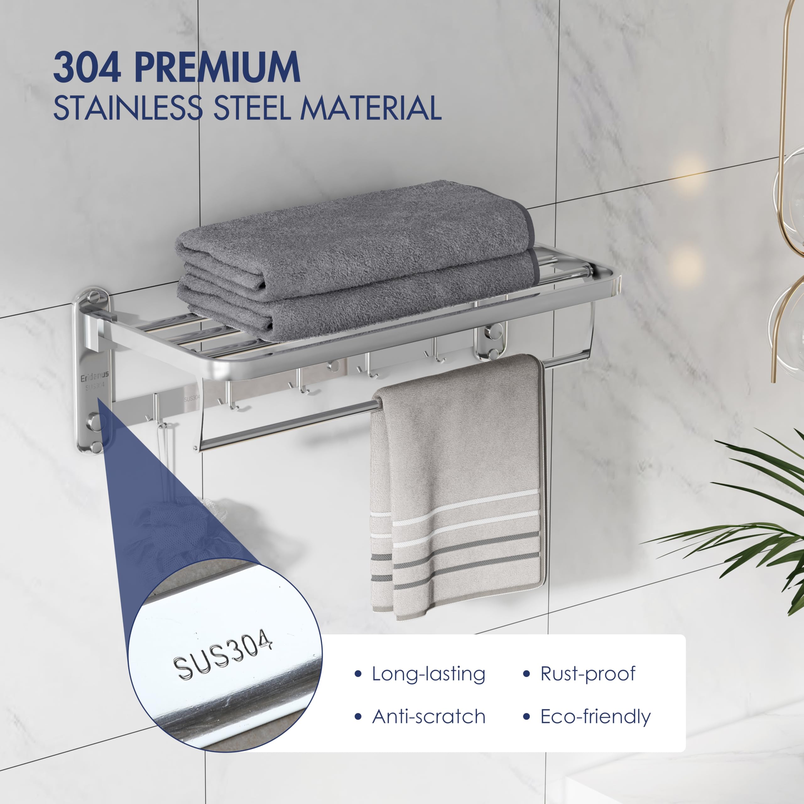 Eridanus Estante de Toallas, Toallero Doble Plegable de Acero Inoxidable de Pared, Estantería de Almacenamiento para Baño con Barras y Ganchos(60x19x24cm)