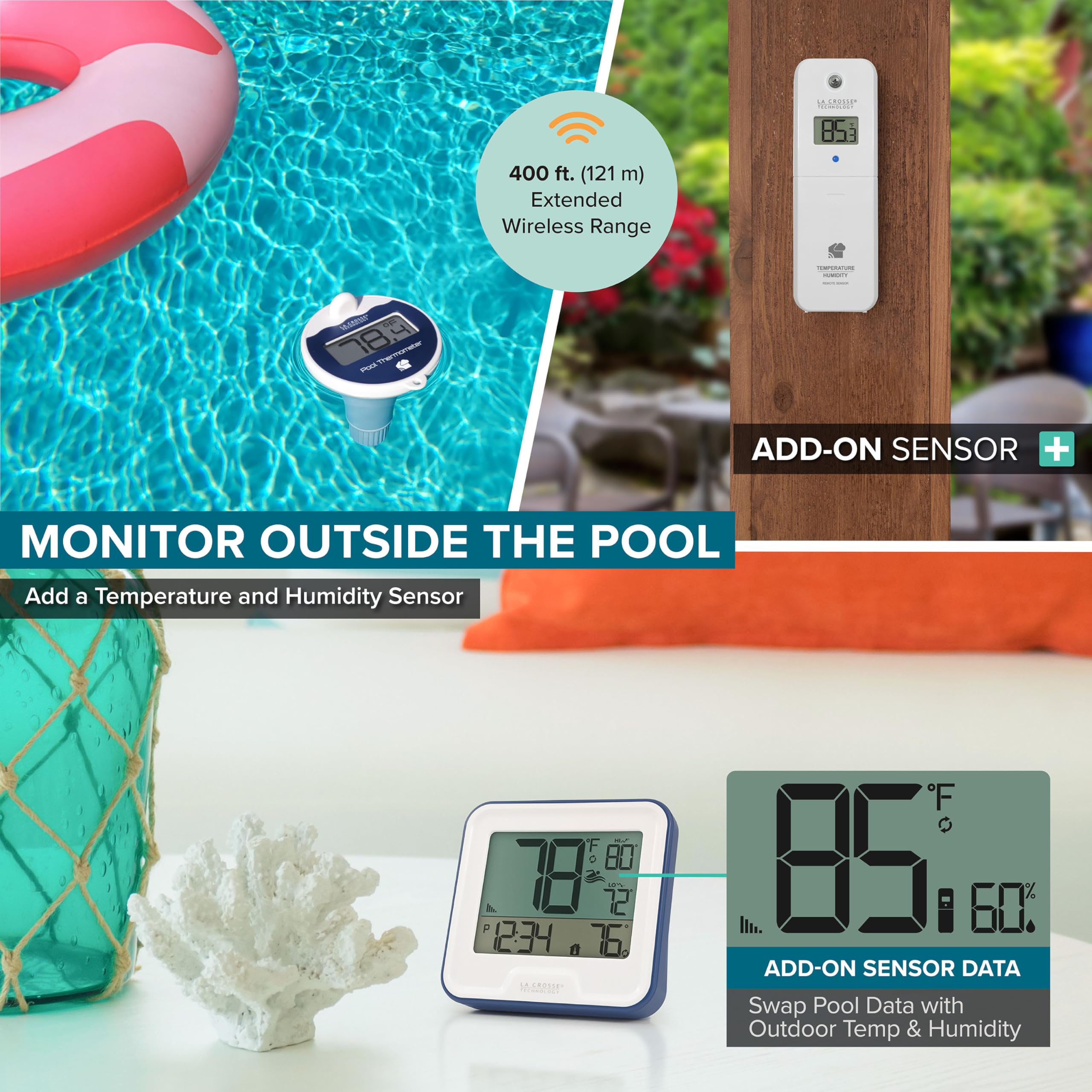 La Crosse Technology 331-09667-INT Thermomètre de piscine sans fil avec écran LCD intérieur, blanc