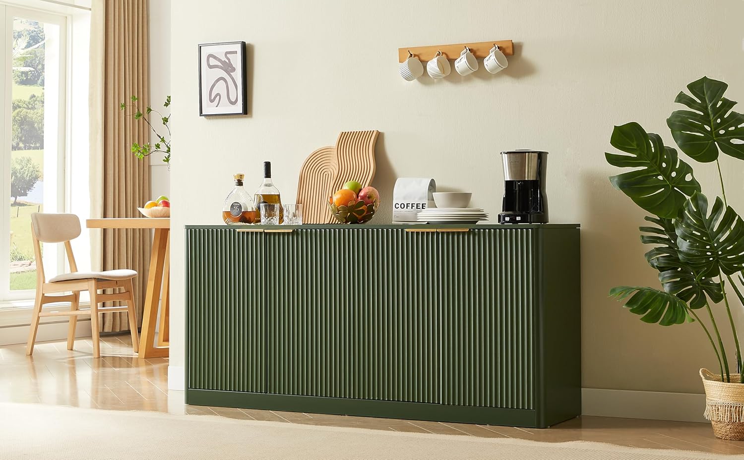 59" Buffet Sideboard Cabinet with Storage, Modern Fluted Accent Credenza with Shelves, Wood TV Console Stand 4 Doors, Sideboards for Office Living Room Hallway Kitchen, Green