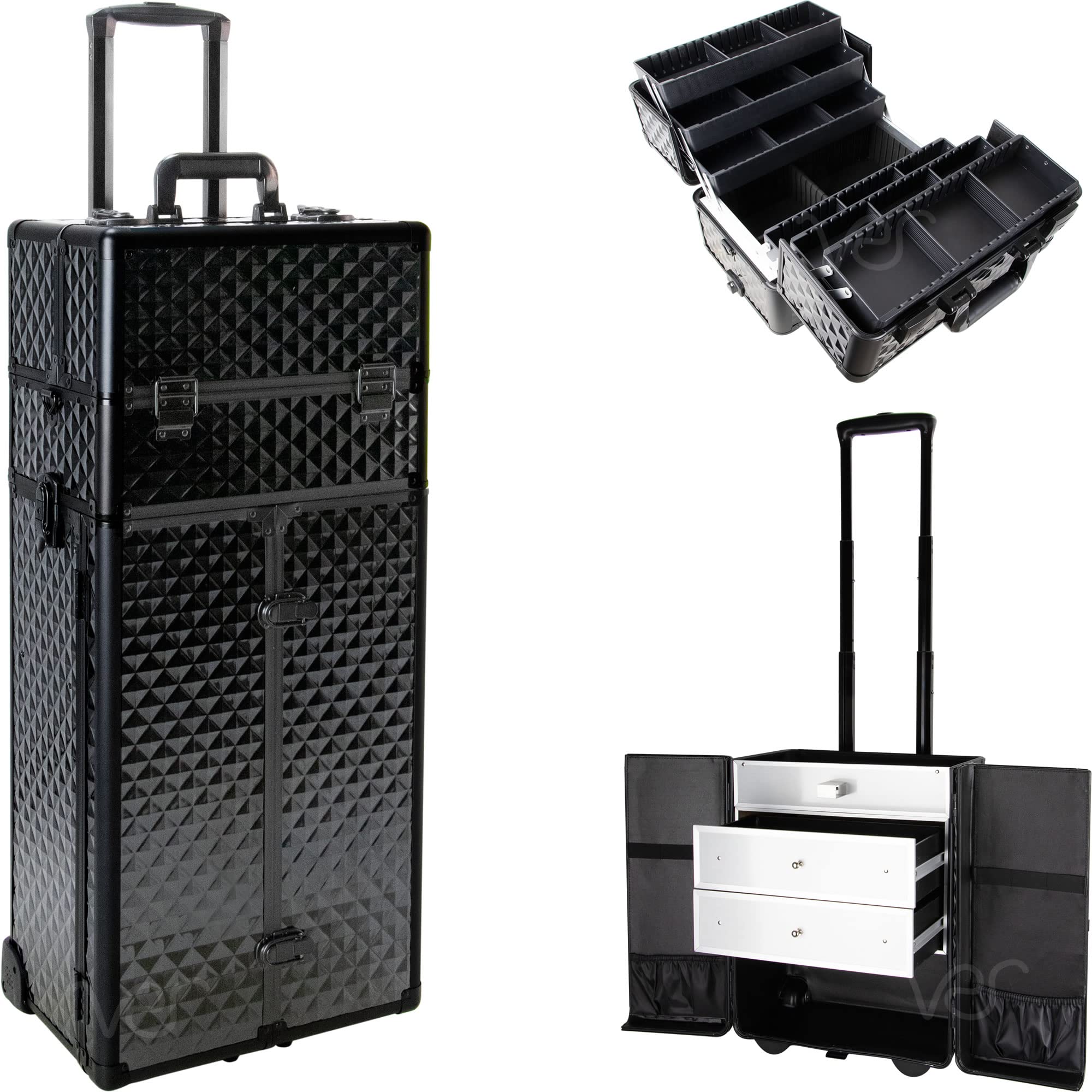 3-in-1 Professional Rolling Cosmetics Train Organizer Case Hair & Makeup Artist Travel Extra Lid, Black Diamond