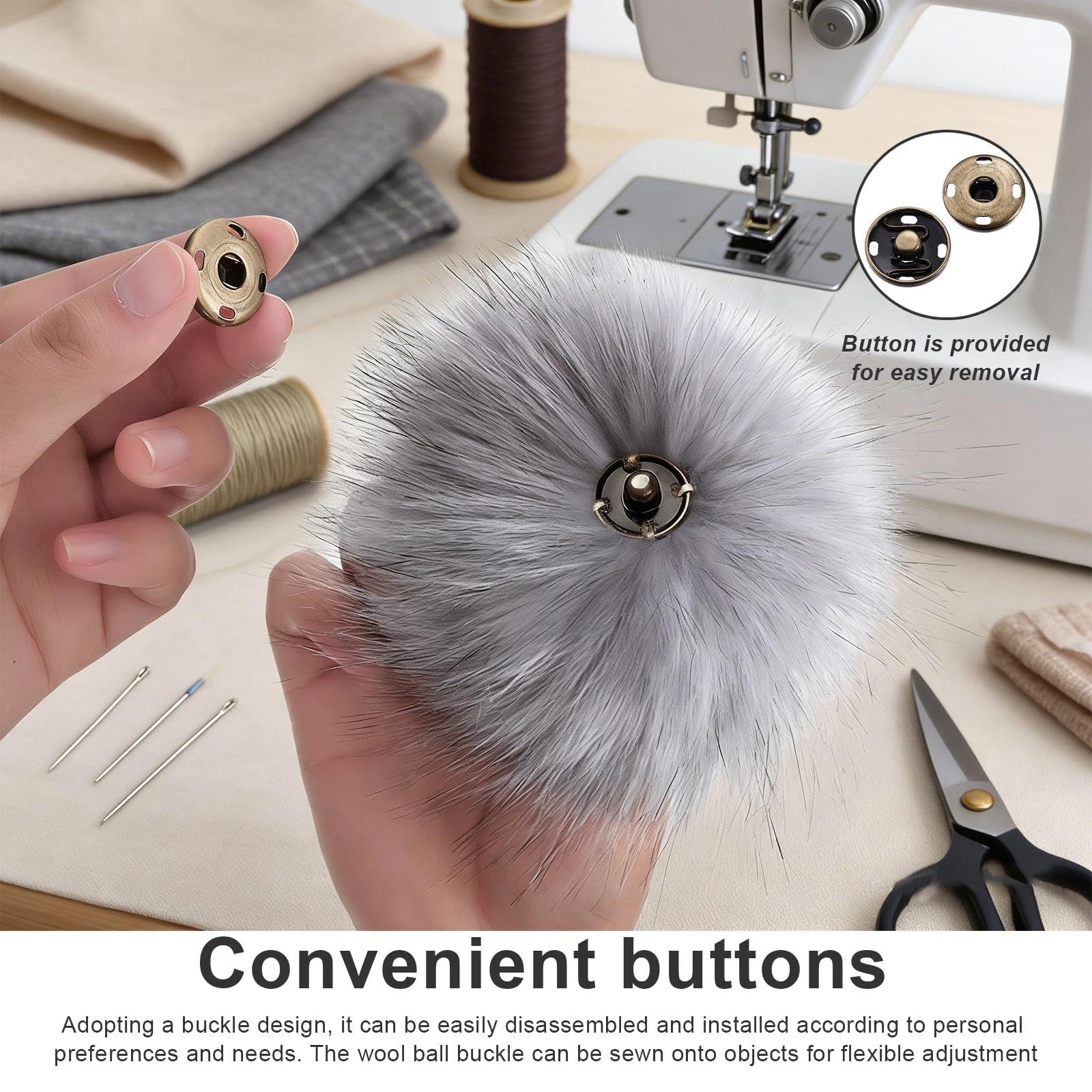 6 Pompon In Pelliccia Sintetica Per Cappelli – Colori Assortiti, Con Bottoni E Kit Da Cucito Per Fai Da Te