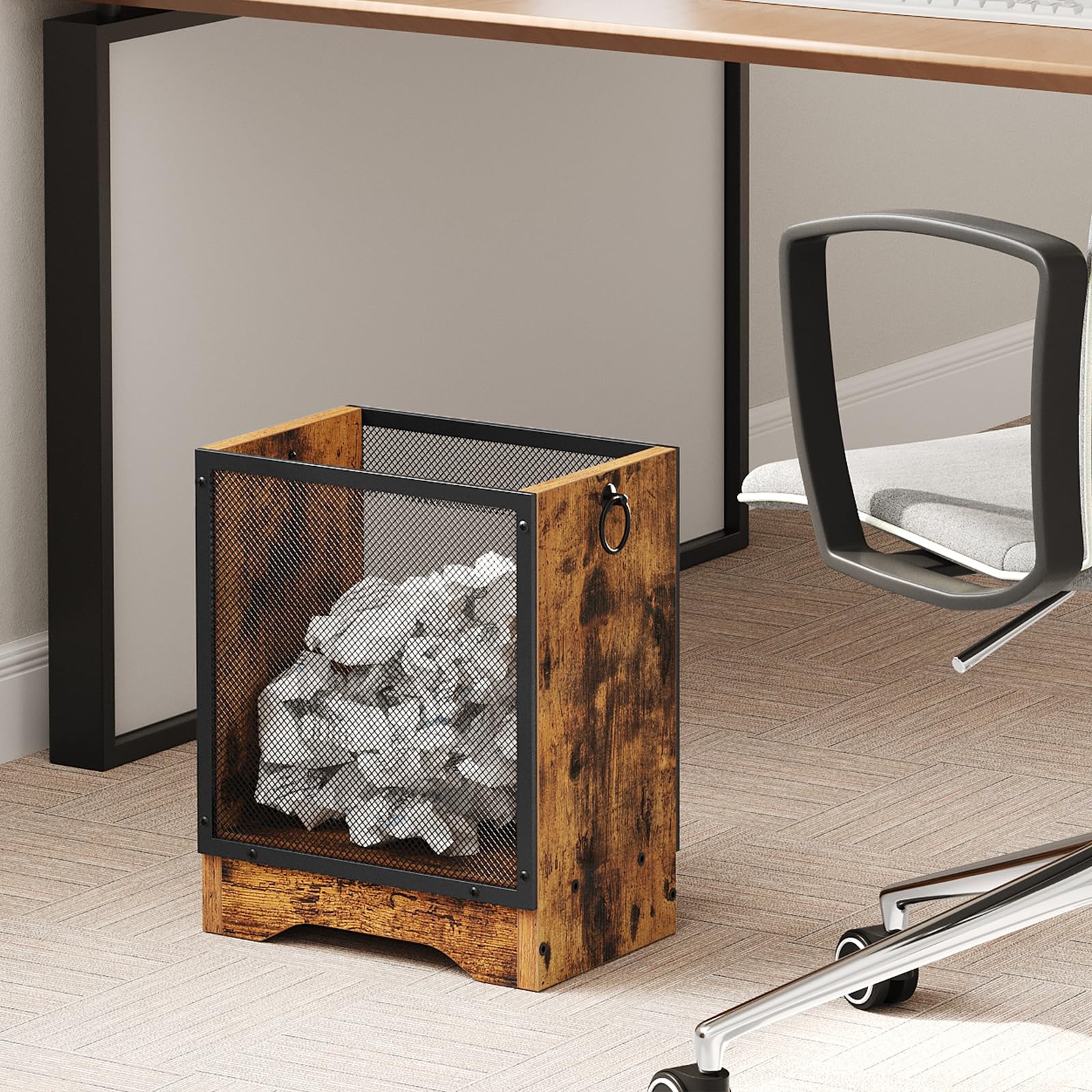 HOOBRO Papelera Vintage de Malla Metálica y Estructura de Madera, Cubo de Basura Rectangular Retro, Asas Laterales y Base Elevada, para Oficina, Sala y Dormitorio, Marrón Vintage y Negro EBF06LJ01G1