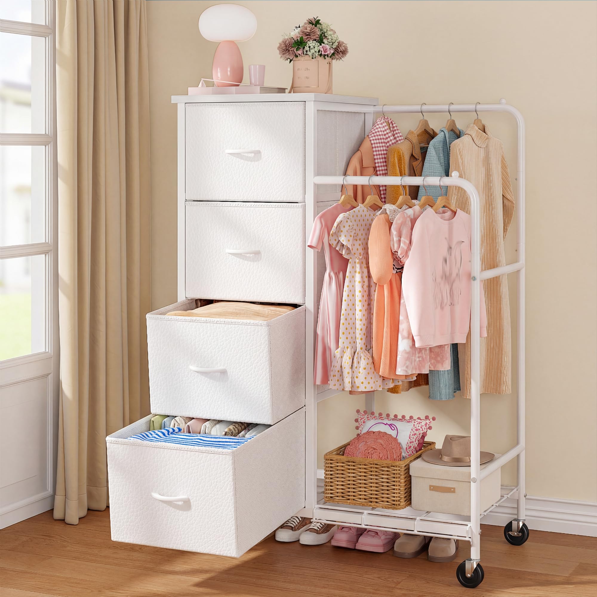 Cliporix 120cm Tall Chest of Drawers Bedroom, Narrow 4 Drawers Chest of Drawers with Double Clothes Rail, 3 In 1 Dresser with Storage Shelf & Lockable Wheels, As a Gift for Family&Friend