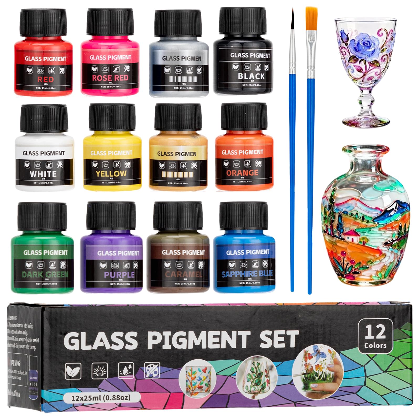 Onperpoe Stained Glass Paint, 300ml Glass Paints for Glass Painting, 12 Colours Painting Kit with 2 Paint Pens, Non-toxic Waterproof Paint for Glasses Ceramic, Crystal Window and Wine Bottles