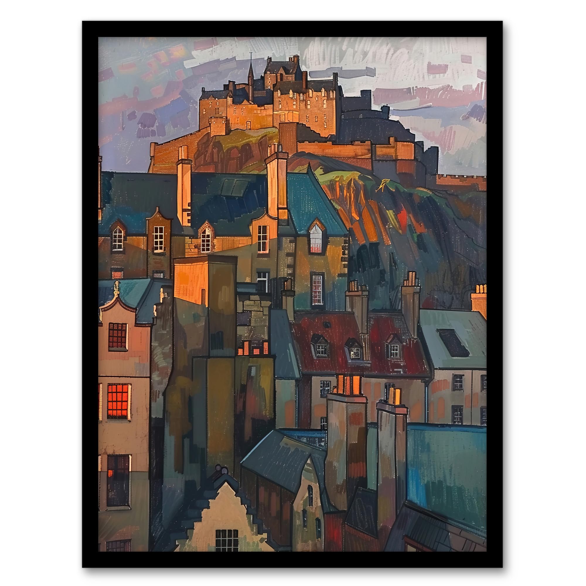 Artery8 Edinburgh Castle Sunset Cityscape Iconic Scotland Living Room Artwork Framed Wall Art Print A4
