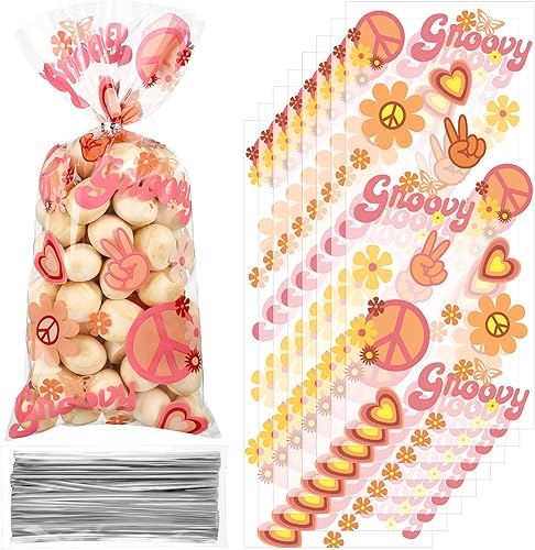 100 bolsas de plástico para regalos de fiesta, estilo retro, hippie, bohemio, 2 golosinas de plástico, celofán de los años 60 y 70 para margaritas,