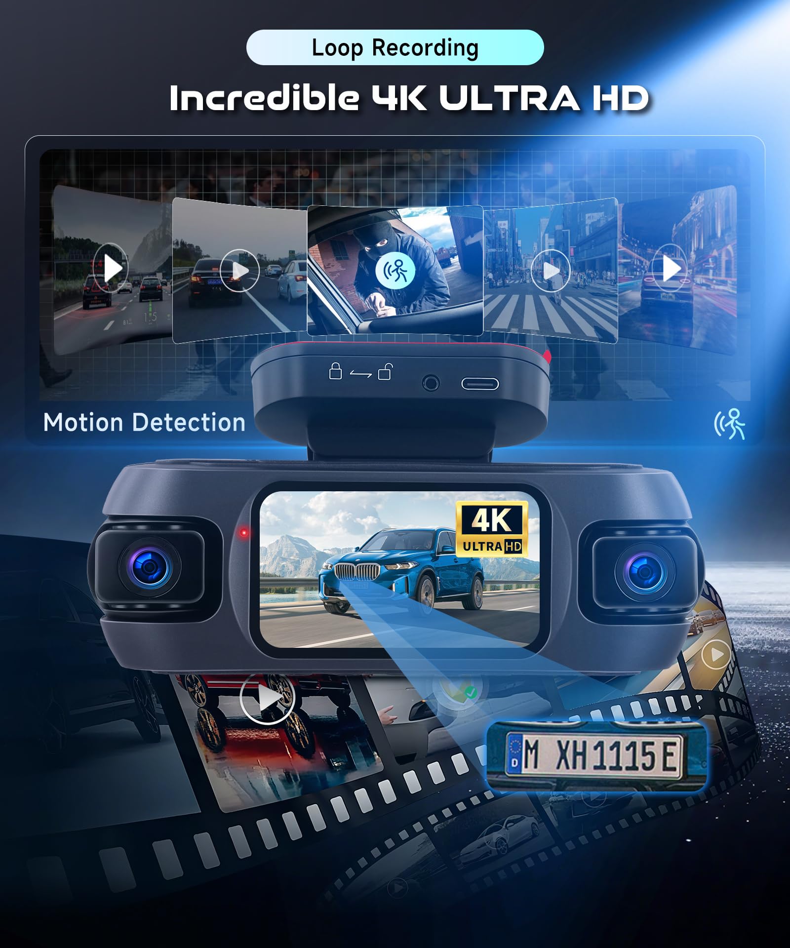 Rimoody Dashcam 4K 4 Cámaras, WiFi App Viidure, Cámara Coche Grabadora 360° con GPS, Visión Nocturna, G-Sensor, Sistema de 4 Canales (4K + 1080P) para Coche con 64 GB Tarjeta