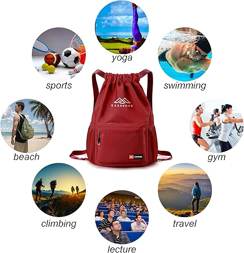 Miniatura 6 de Mochila con cordón para mujeres y hombres, bolsa de gimnasio deportiva resistente al agua, bolsa de playa a prueba de arena con bolsillos de malla